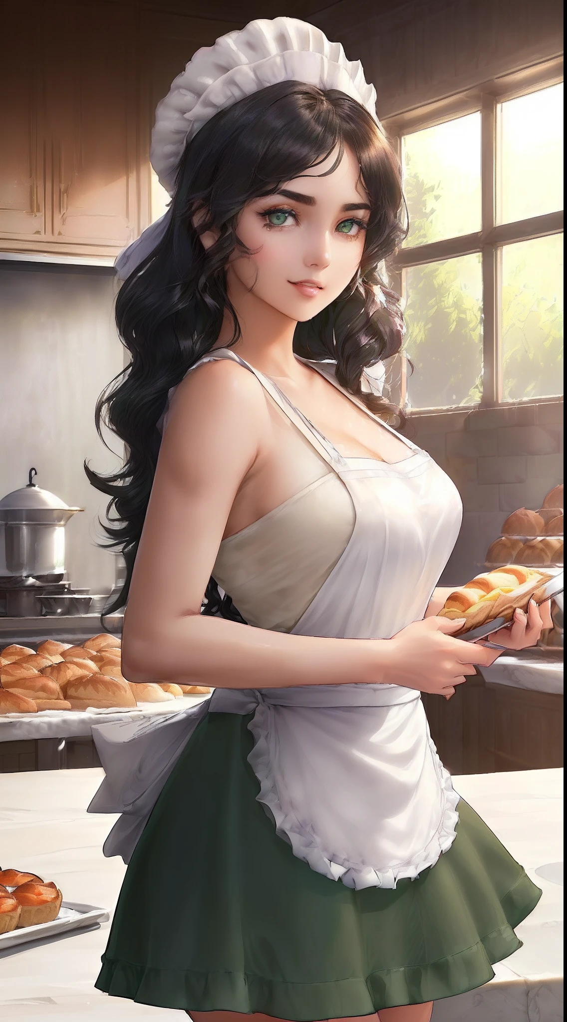 ((((((A young woman))), the anime, ( Green eyes), (black  hair), Nice face, ssmile, sports body, hairlong, Wavy Hair , (((morena))), ((tmasterpiece, beste-Qualit)), illustartion, Ультра деталпазированная 8k, Photorealistic, sharp-focus, higly detailed, Professional lighting, Culinary School, tables with food, apron, flour, sugar, a pastry, slab, mixer, Chef's hat on his head, knife, scapula