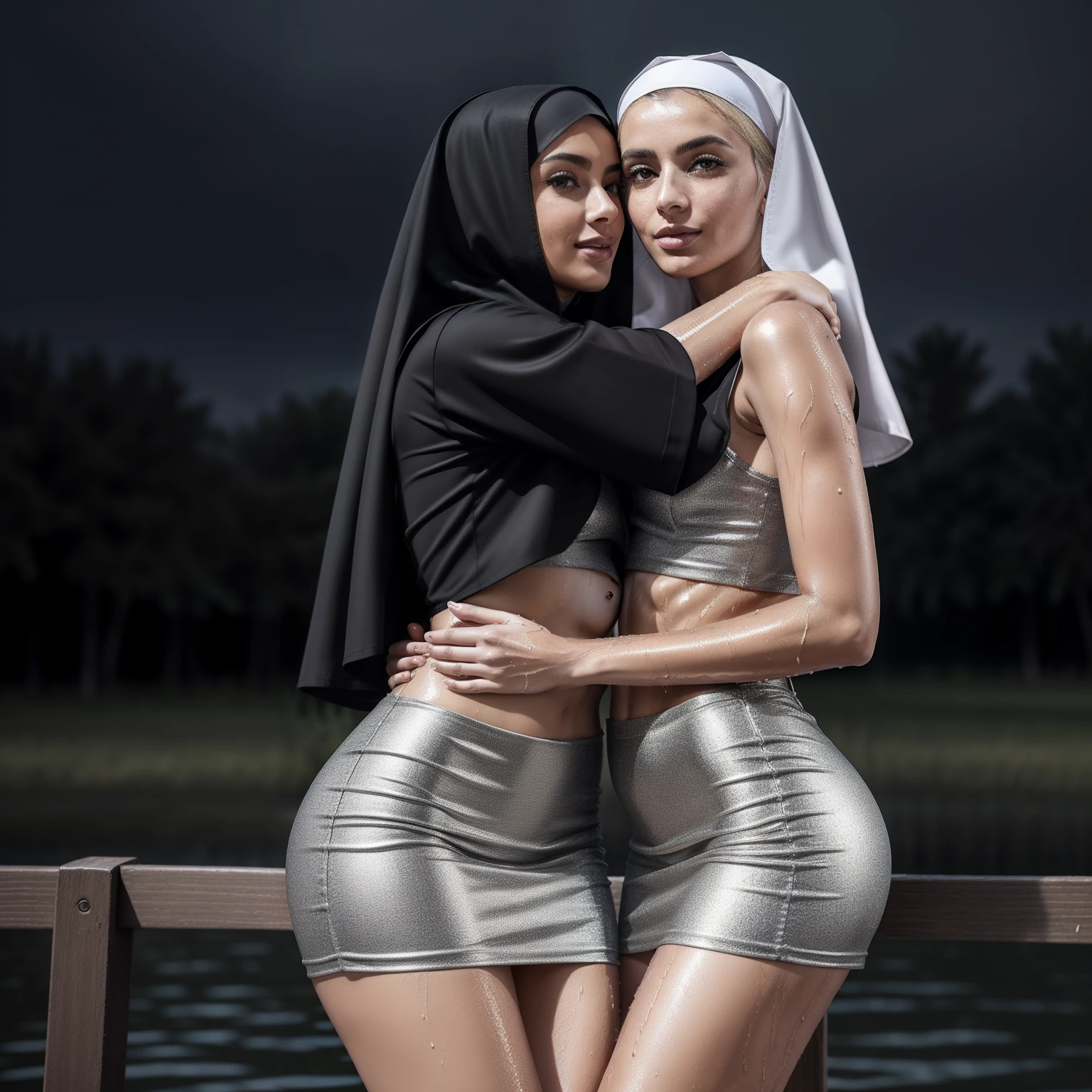 sexy syrian woman as two sexy nun girsl sitting on a fence. tight intricate short dress costume. skirt. crop top. thighs. slender body. inside dark cathedral. dark background. hugging and kissing with a blonde girl. sparkly eyes. wet.