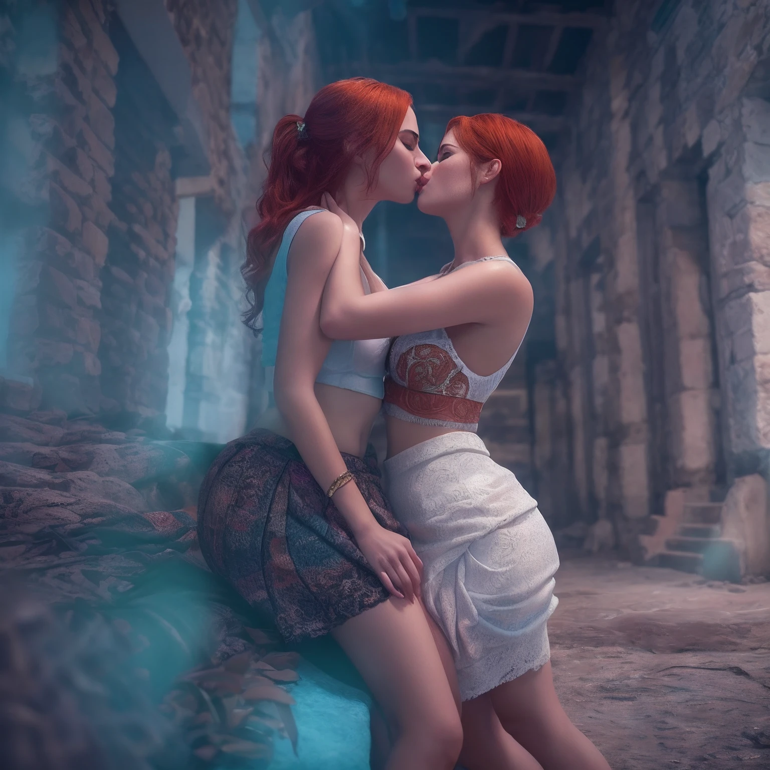 Full body of two Syrian WOMAN kissing each other, nsfw, blue and red hair with crop top and pleated white skirt, big boobs, confused seductive look, natural skin texture, 24mm, 4k textures, bright cinematic light, RAW photo, photorealism, photorealistic, intricate, elegant, highly detailed, sharp focus, ((((((cinematic look)))), soft tones, insane details, intricate details, hyperdetailed, low contrast, soft cinematic light, bright colors, exposure mix,  hdr, various laying down poses. wide view angle, full body shot