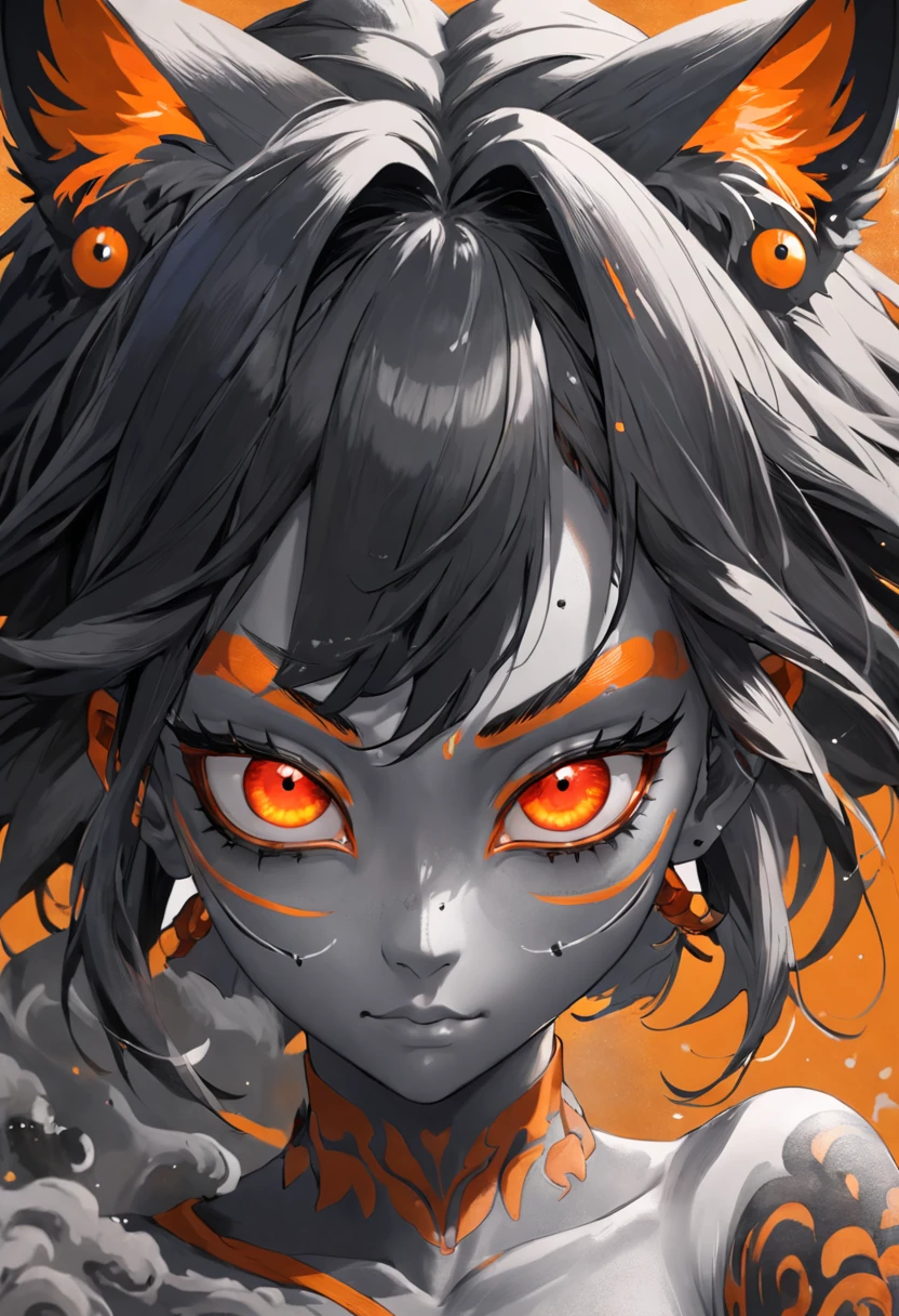 Black and gray realistic tattoo art of tiger with (((orange eyes))) alf Hannya mask style+ half kitsune+black woman on right side, illustrator, 0mib, masterpiece, high quality, black and gray, monochrome, 8k, high resolution, high detail, japanese, samurai, extremely detailed eyes and face, japan , black woman on right side, beautiful detailed nose, beautiful detailed eyes, light on face, looking at viewer, (1 woman, mature face), realistic face, full lips, captivating smile, realistic body, (RAW photo, best quality ), (realistic, photorealistic: 1,3) , masterpiece, extremely beautiful, extremely detailed,,with ink splatter sketch effect ,he is with open mouth looking very fierce and angry