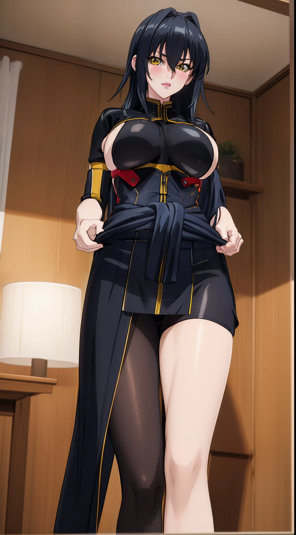 professional artwork, Intricate Details, sharp focus, detailed painting, photorealistic lighting, trending on pixiv, Standing at attention, ((black outfit ,yellow collared shirt,black and red bodysuit,skin_tight,black legwear, black pantyhose, Side_boob)), (((fully suited:1.5))) black hair,very long hair, Bangs,yellow eyes,makeup, lipstick, 40yo,mature female,Beautiful Finger,Beautiful long legs,Beautiful body,Beautiful Nose,Beautiful character design, perfect eyes detail, perfect face, looking at viewer,official art,extremely detailed CG unity, perfect lighting,Colorful, Bright_Front_face_Lighting, (masterpiece:1.0),(best_quality:1.0), ultra high res,ultra-detailed, photography, 8K, HDR, highres, absurdres:1.2, Kodak portra 400, film grain, blurry background, bokeh:1.2, lens flare, (vibrant_color:1.2) (Beautiful,large_Breasts:1.4), (beautiful_face:1.5),(narrow_waist), (solo:1.4), ((Hands-On-Waist Poses:1.4)), annerose:1, (super blushing, super shy, tsundere:1),
