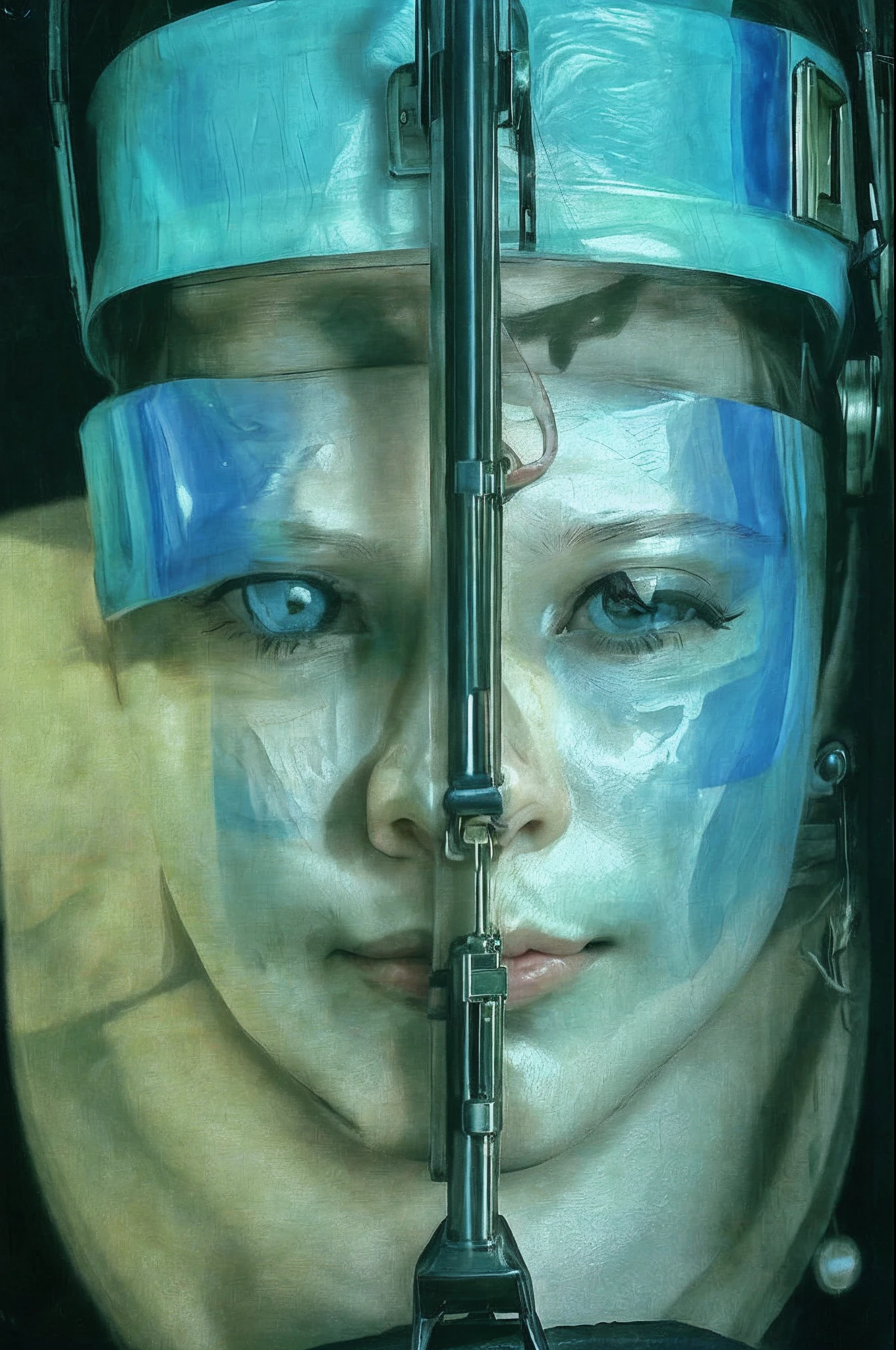 jennifer tilly, high tech, mechanical body parts, scary cyborg, martial cyborg, laboratory, neon lights, wires, electrical tape, ramjet legs, (((jodie foster))), 21 years old, magnet arm cannon, rust, muscled tummy, (muscle girl:1.3), abs, (kat dennings:1.3), plunging neckline, perfect skin, body modification, (blonde:1.1), weaponized, lethal, dynamic, sultry, playful, angelic aura, techwear trench coat, sundress, (cyborg:1.2)