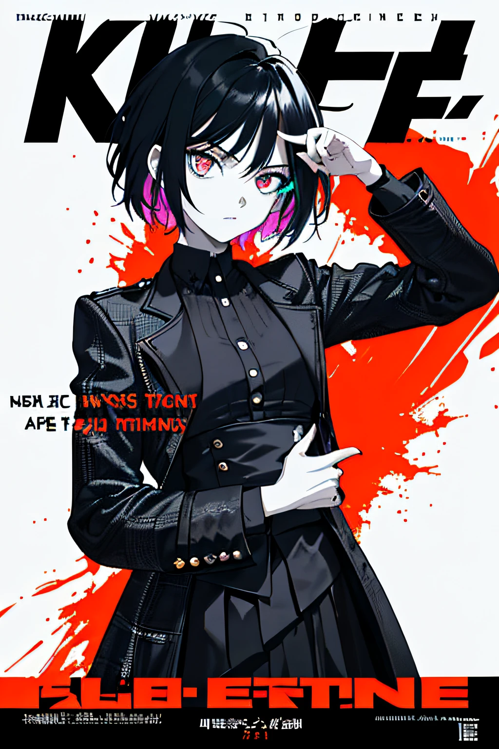 magazine cover, poster, text, model, fashionable, dark clothes, punk girl