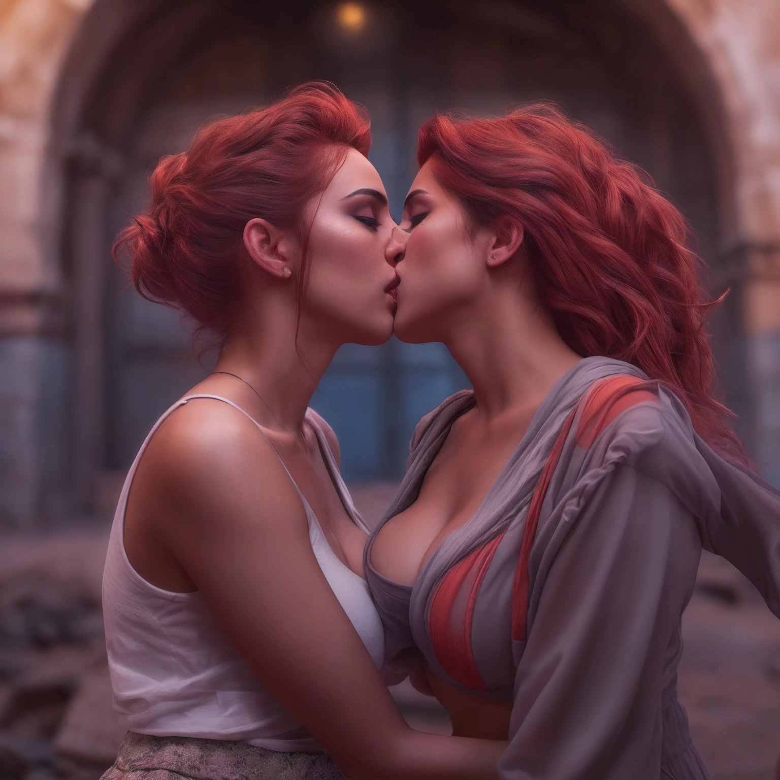 Full body of two Syrian WOMAN kissing each other, nsfw, red hair with crop top and pleated skirt, big boobs, confused seductive look, old syrian city, natural skin texture, 24mm, 4k textures, bright cinematic light, RAW photo, photorealism, photorealistic, intricate, elegant, highly detailed, sharp focus, ((((((cinematic look)))), soft tones, insane details, intricate details, hyperdetailed, low contrast, soft cinematic light, bright colors, exposure mix,  hdr, various poses
