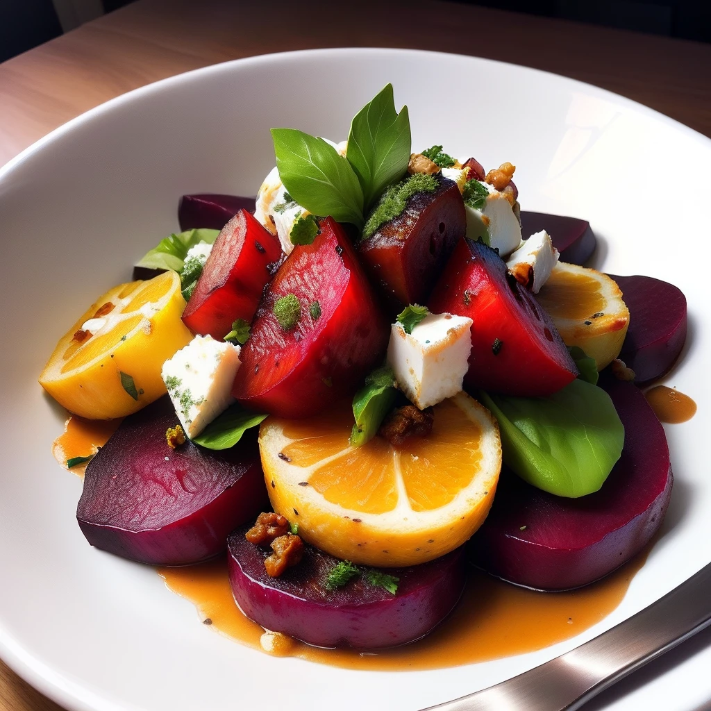 Roasted beet and goat cheese salad Sliced roasted beets served on a bed of mixed vegetables Shredded goat cheese Candied walnuts Balsamic vinegar dressing