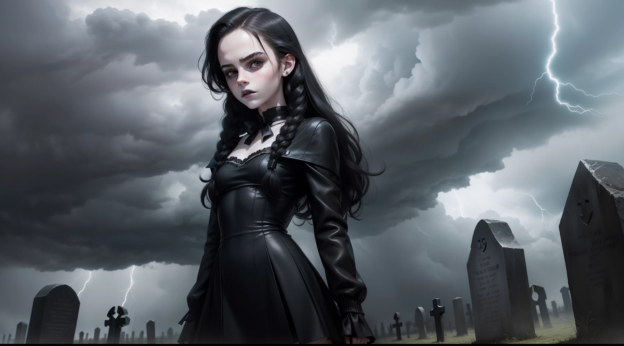 teen Emma Watson, black hair, twin braids, slender, small breasts, pale skin, white face, lifeless face, black lipstick, black sheath dress, nightmare before Christmas cemetery, storm clouds, thunder and lightning