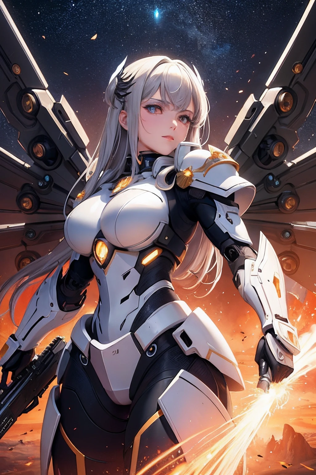 最high quality、best image quality、masterpiece、teenage girl((18-year-old、 By becoming、vest bust、medium bust,wide open breast tea、black eye, gray hair、long hair、thin,highest valley、Black Battlesuit、white arm parts、white leg parts、Holding a big sword、mechanically glowing red wings,null中、splatters)),high quality、beautiful art、background((宇宙null間、battlefield、splattersing beams、null))瓦礫がsplatters、Depth of written boundary、movie、visual art、perfect art、8K,genuine