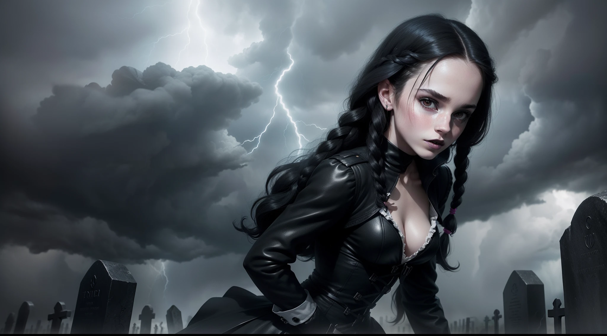 Emma Watson, black hair, twin braids, slender, small breasts, cleavage showing, pale skin, white face, lifeless face, black lipstick, black sheath dress, nightmare before Christmas cemetery, storm clouds, thunder and lightning