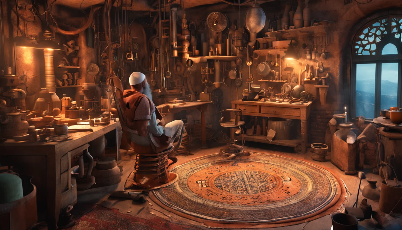 Arab Muslim world of the Abbasid era, a magical engineer...sitting in a bright room, working on a sophisticated mechanical device surrounded by mechanical tools and instruments everywhere.