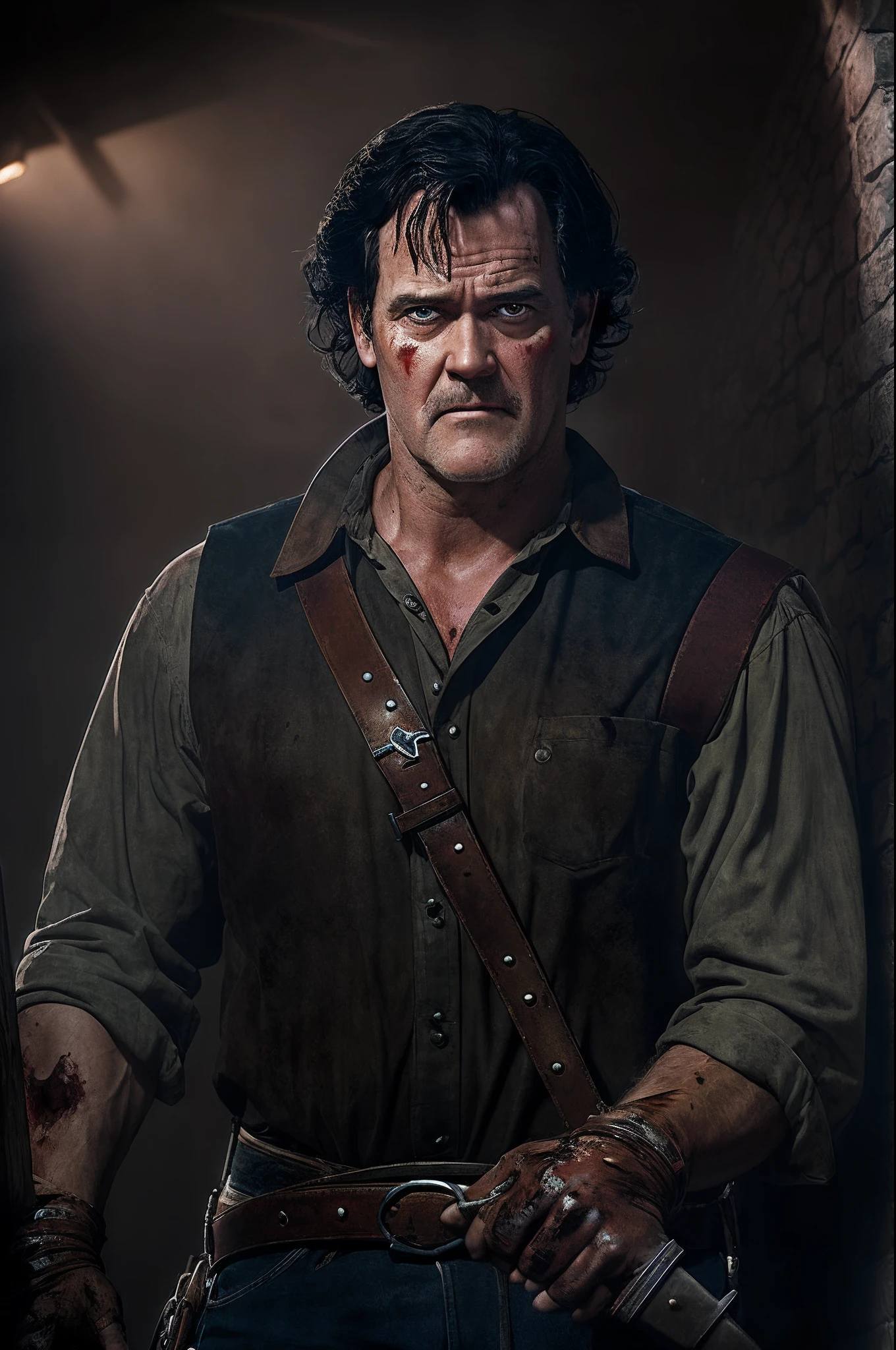 (Evil Dead-3, Army of Darkness: 0.9), (Bruce Campbell: 0.9), with a chainsaw, natural hair, mist, realistic portrait, 4k, super detaill, high detail, Art Station, Smooth, hard focus, Cinematic lighting, facing the camera, dark studio, rim lighting, dual tone lighting, dim lighting, Discreet key,