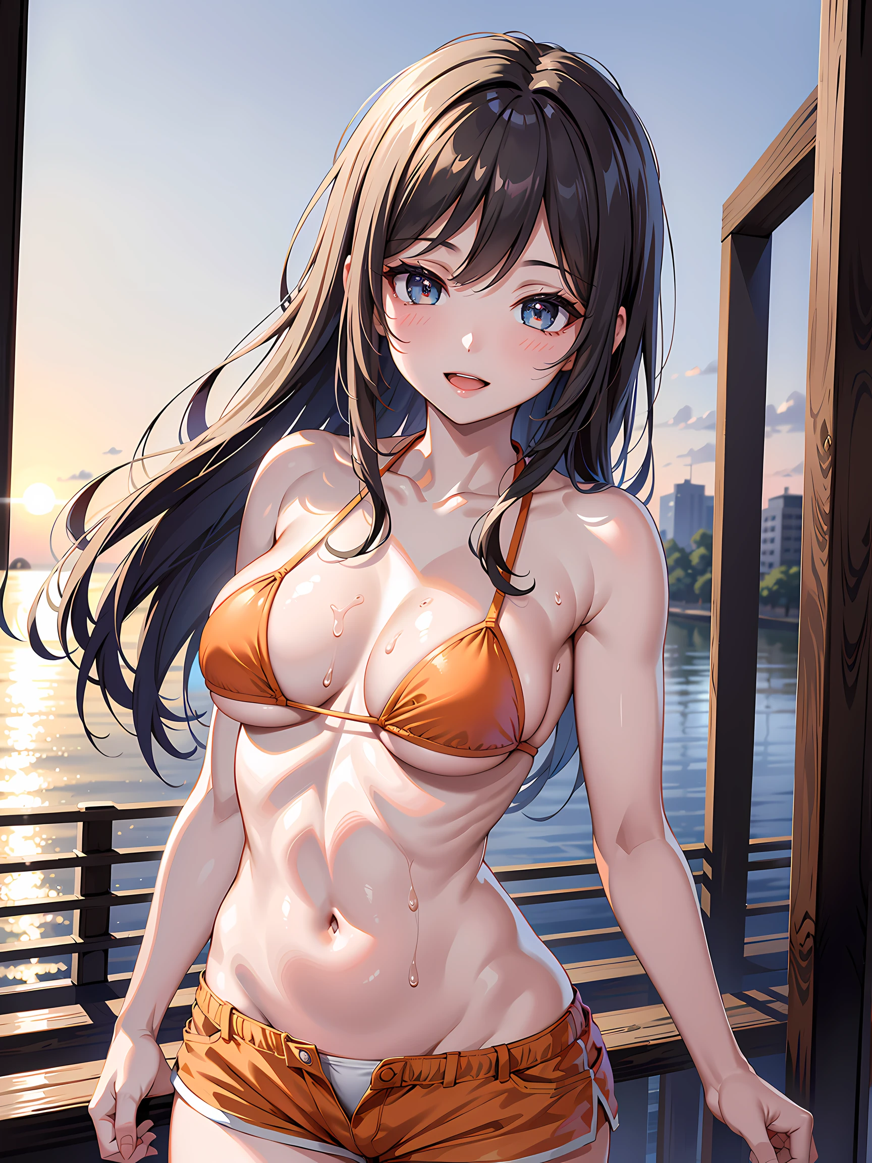 (1girl:1.3, solo), (Masterpiece, best quality, photorealistic, highres, photography, :1.3), ultra-detailed, sharp focus, professional photo, commercial photo, (upper body:1.3), (standing at blue ocean:1.3, in water), (((starring at the viewer:1.5))), arms behind back, BREAK, 1girl, solo, milf, European girl, hot model, (attractive model:1.37), (promotional model:1.2), highly detailed eyes and pupils, realistic skin, (attractive body, large breast:1.25, thin waist:1.15), thin hair, single braid hair, mahogany hair, extremely detailed hair, delicate sexy face, sensual gaze, shiny lips, BREAK, (orange bikini:1.3), (shorts:1.3), detailed clothes, BREAK, (outdoor, South California beach background, blurry background:1.25, simple background, no-human background, detailed background), (under sunset:1.37), BREAK, (attractive posing), ((realistic, super realistic, realism, realistic detail)), perfect anatomy, perfect proportion, bokeh, depth of field, hyper sharp image, (attractive emotion, seductive smile:1.2, happy:1.2, blush:1.2, :d:1.2, :p:1.2), 4fingers and thumb, perfect human hands, wind,