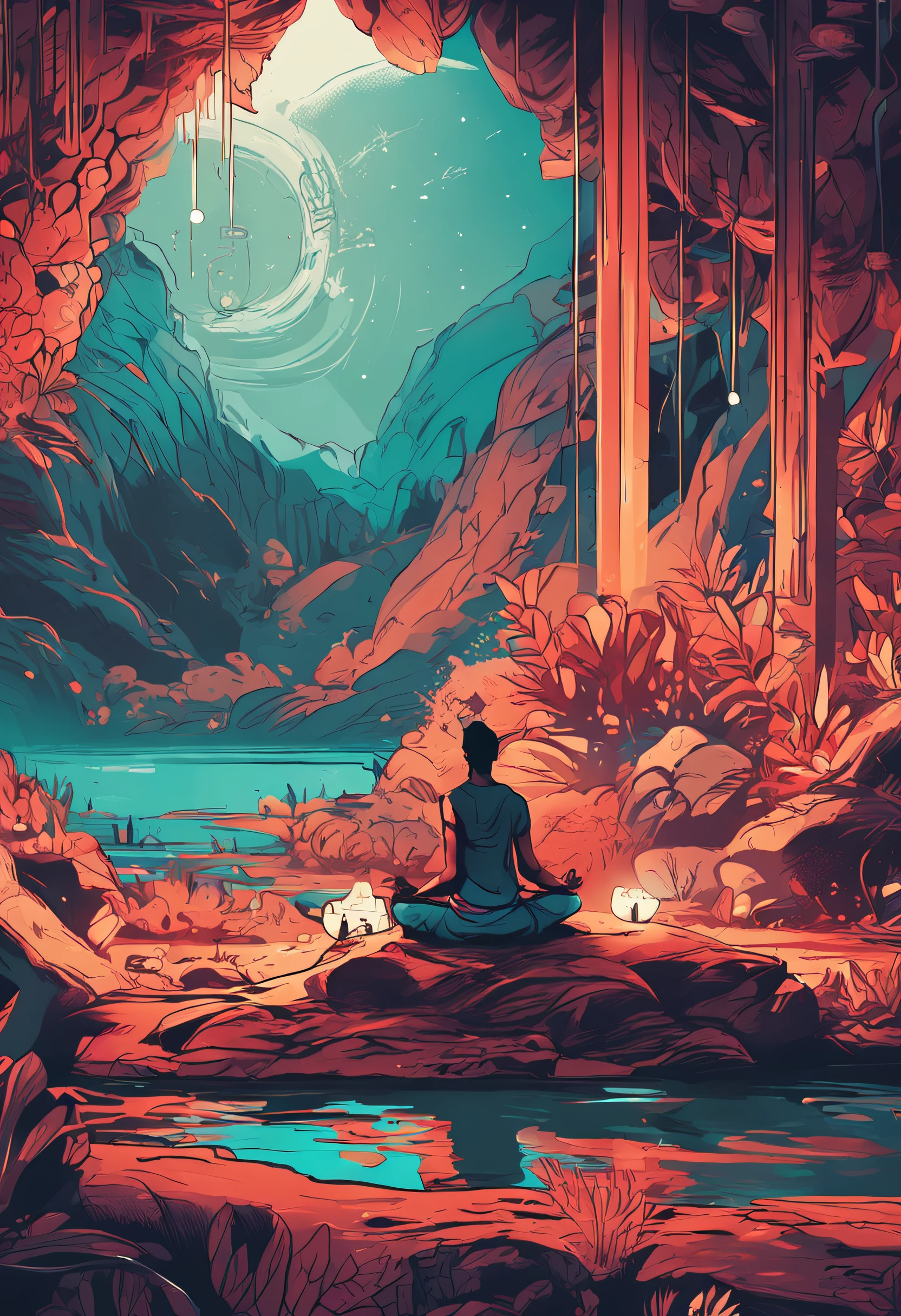 A figure in meditation, surrounded by natural elements and lighting symbols, conveying the idea of deep, self-conscious reflection