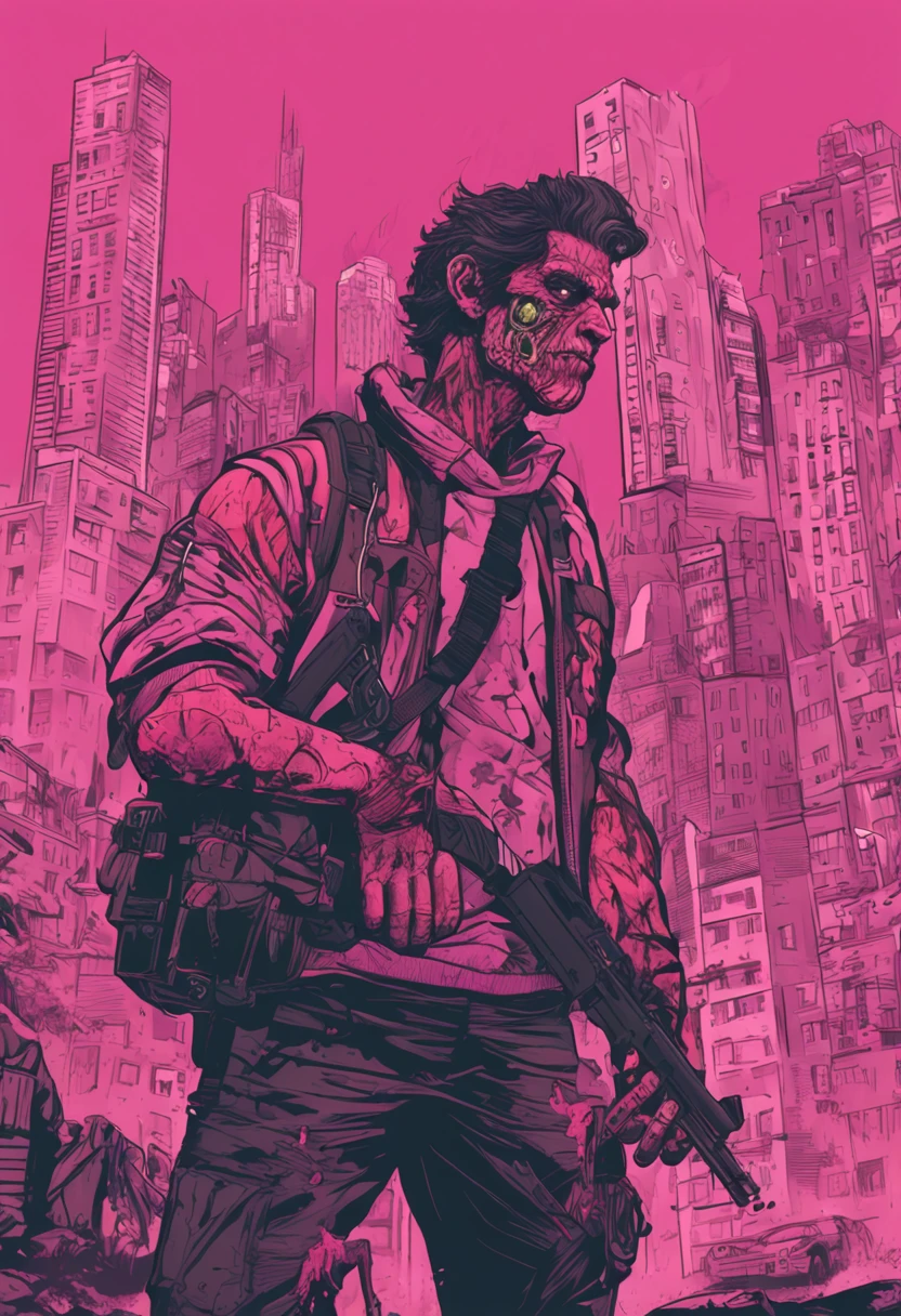 personagem com cabelo rosa, zombie hunter , with distortion and with abandoned city background