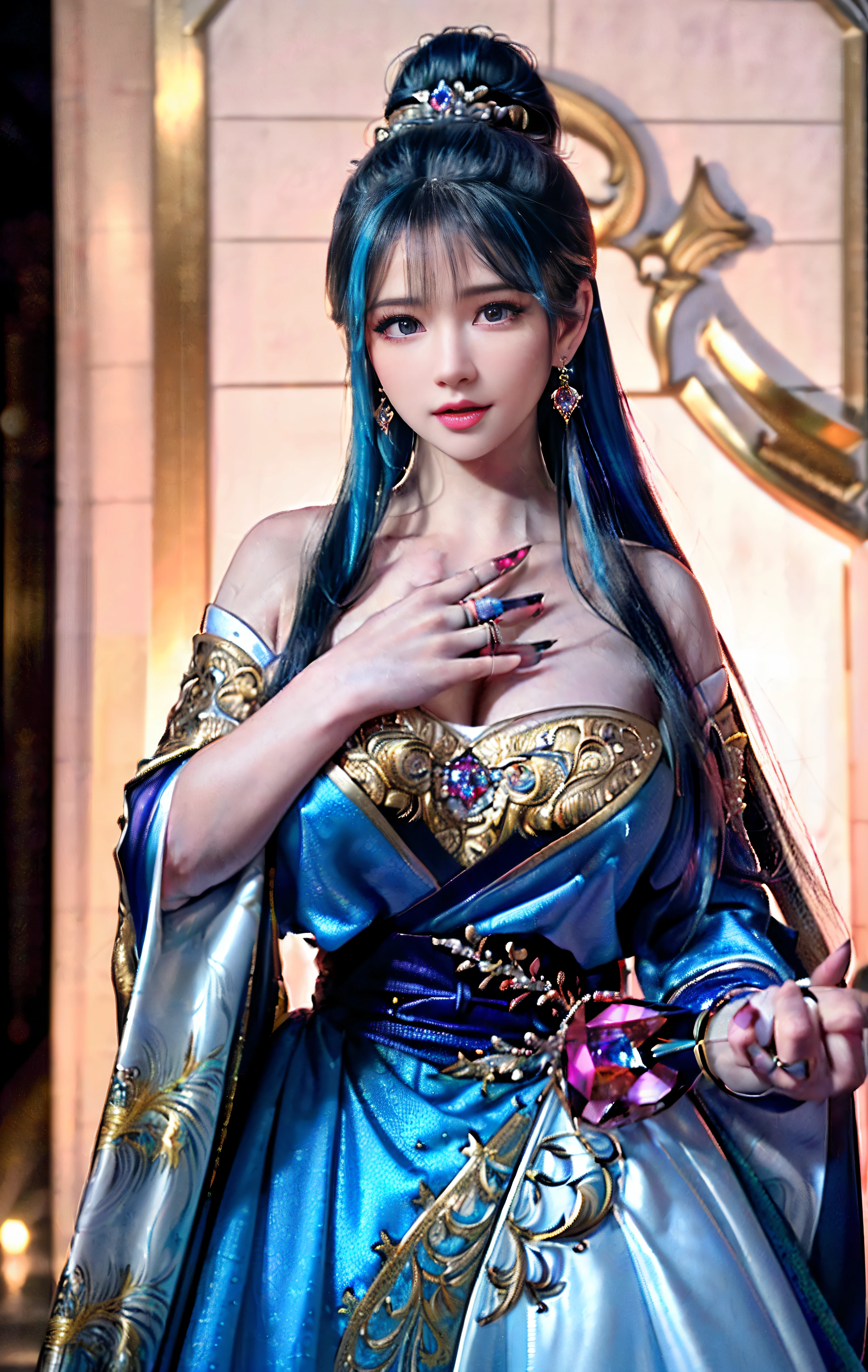 ((realisticity: 1.2)), ((realistic: 8K UHD)), ((best resolution: 8K UHD)), hyper detailed, best quality,masterpiece,highres,cg, ((1 girl hyper detailed and hyper realistic) ) , ((beautiful queen, hyper realistic and hyper detailed)),((white skin, beautiful, smooth, youthful, hyper realistic and hyper detailed )), ((Face hyper beautiful, white, hyper realistic and hyper detailed ) ), long hair, ((hyper realistic and hyper detailed dress)), solo, ((hyper realistic, hyper beautiful, beautiful and hyper detailed jewelry)), ((hyper beautiful deep red and golden yellow dress, hyper realistic and hyper detailed )) , ((Her pretty, hyper realistic, hyper detailed diamond filled earrings)), ((Her gorgeous diamond haircut, hyper realistic and hyper detailed)), ((hyper pretty upper body, hyper beautiful, hyper realistic and hyper detailed) ), ((medium breast: 1.1)), ((hyper realistic, hyper pretty, hyper detailed boobs)), ((the backgroun of the royal palace is hyper majestic, hyper realistic and hyper detailed)),((hands and palms hyper beautiful, hyper detailed, hyper realistic)), ((hyper detailed and hyper realistic fingers and fingernails)), ((hyper pretty fingernails, hyper vivid, hyper detailed, hyper realistic)), ((thumb, index finger, middle finger, ring finger, little finger hyper vivid, hyper pretty, hyper detailed, hyper realistic)), ((hyper beautiful fingers, hyper detailed, and hyper realistic)), ((posture not too fat and not too thin, hyper realistic, hyper detail)), ((hyper pretty, hyper pretty, hyper realistic and hyper detailed hair bun)), ((hyper pretty , hyper realistic and hyper detailed blue hair)), candid, Photo, high resolution, 8k , bokeh,