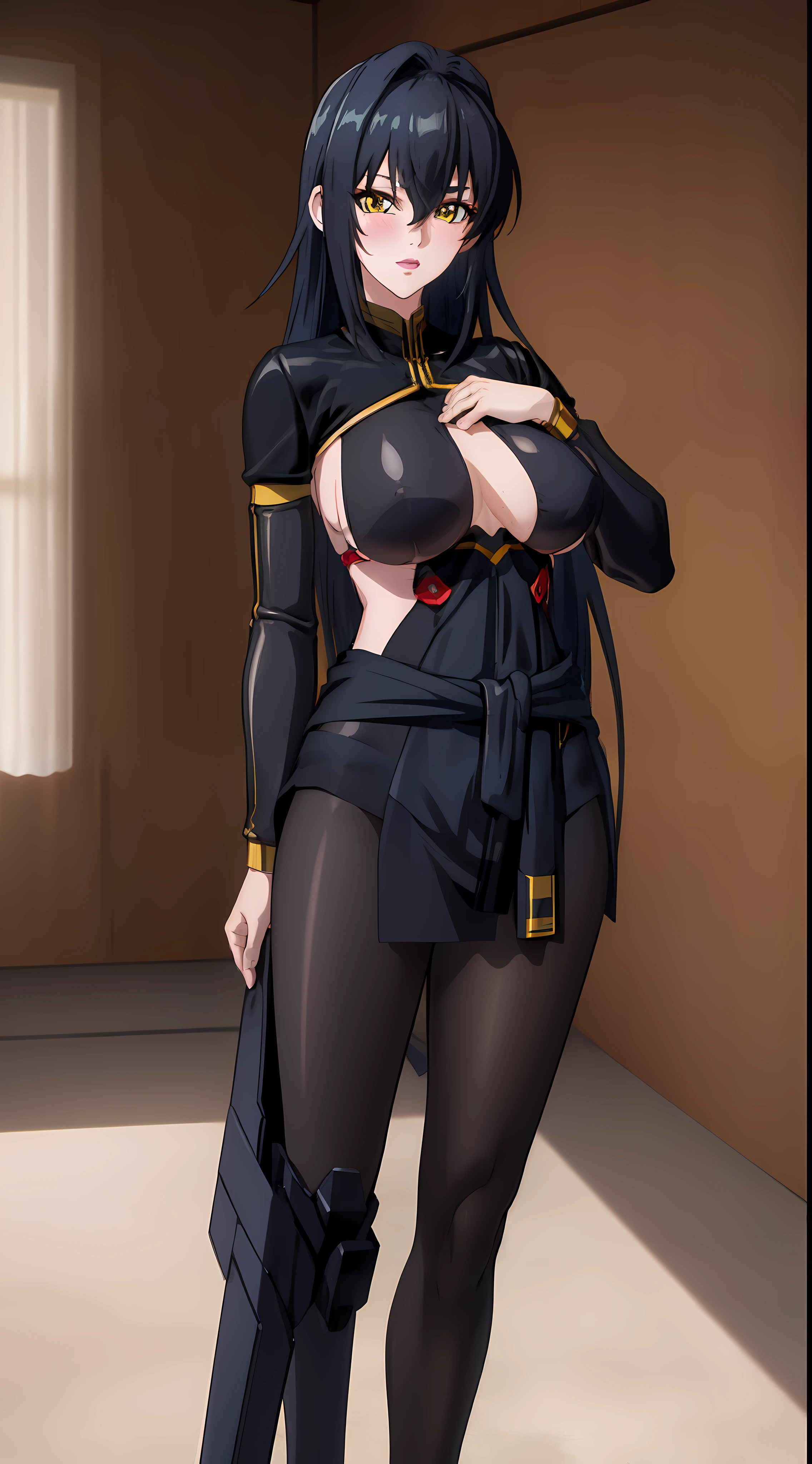 professional artwork, Intricate Details, sharp focus, detailed painting, photorealistic lighting, trending on pixiv, Standing at attention, ((black outfit ,yellow collared shirt,black and red bodysuit,skin_tight,black legwear, black pantyhose, Side_boob)), (((fully suited:1.5))) black hair,very long hair, Bangs,yellow eyes,makeup, lipstick, 40yo,mature female,Beautiful Finger,Beautiful long legs,Beautiful body,Beautiful Nose,Beautiful character design, perfect eyes detail, perfect face, looking at viewer,official art,extremely detailed CG unity, perfect lighting,Colorful, Bright_Front_face_Lighting, (masterpiece:1.0),(best_quality:1.0), ultra high res,ultra-detailed, photography, 8K, HDR, highres, absurdres:1.2, Kodak portra 400, film grain, blurry background, bokeh:1.2, lens flare, (vibrant_color:1.2) (Beautiful,large_Breasts:1.4), (beautiful_face:1.5),(narrow_waist), (solo:1.4), ((Hands-On-Waist Poses:1.4)), annerose:1, (super blushing, super shy, tsundere:1),
