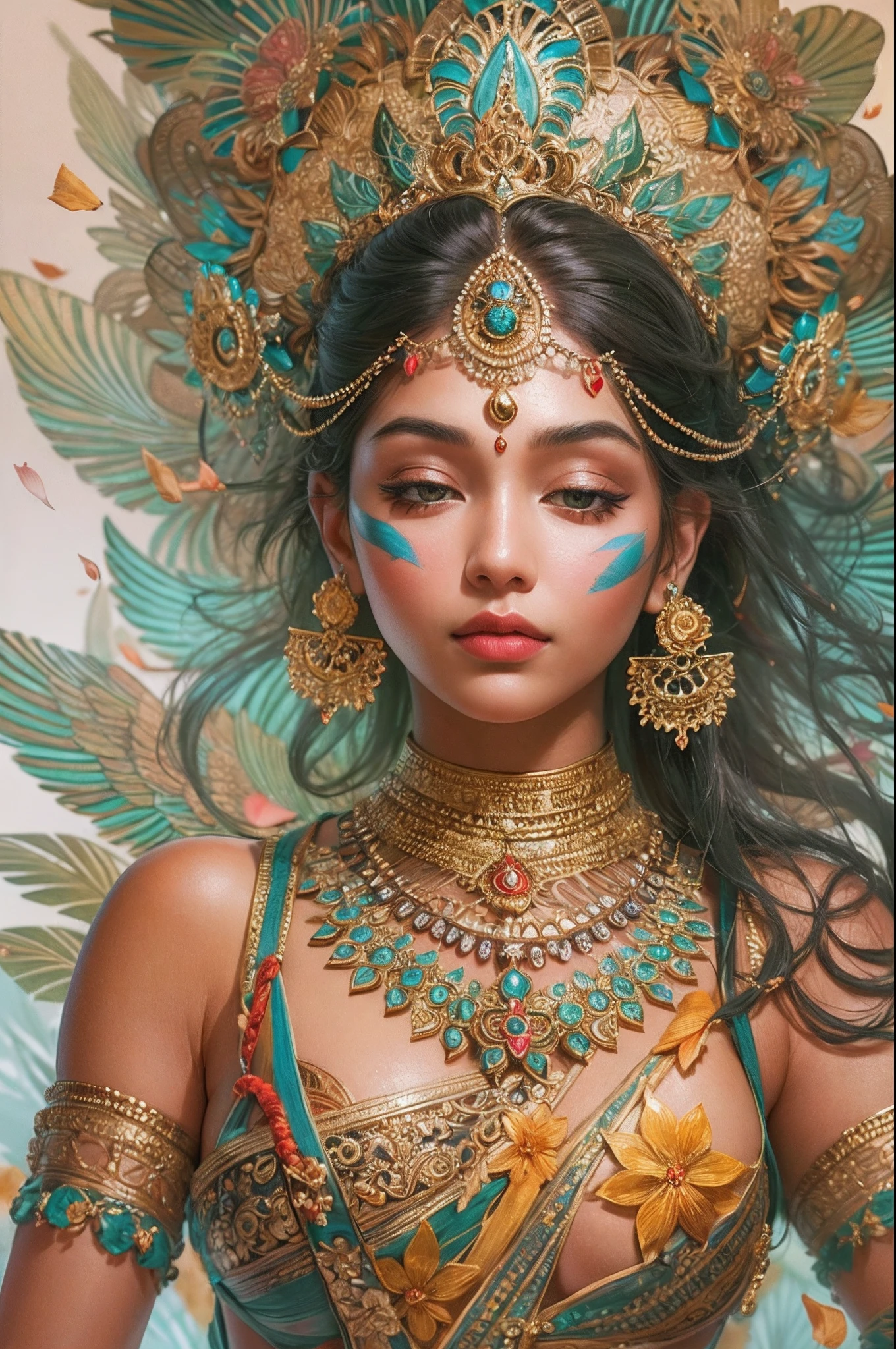 (Highly detailed), (illustration), (Intricate), (Beautiful face), (Attractive body), (Full body picture), Modern Indian goddess, Dynamic pose, flying petal, Colorful, Eye-catching, Heavenly.