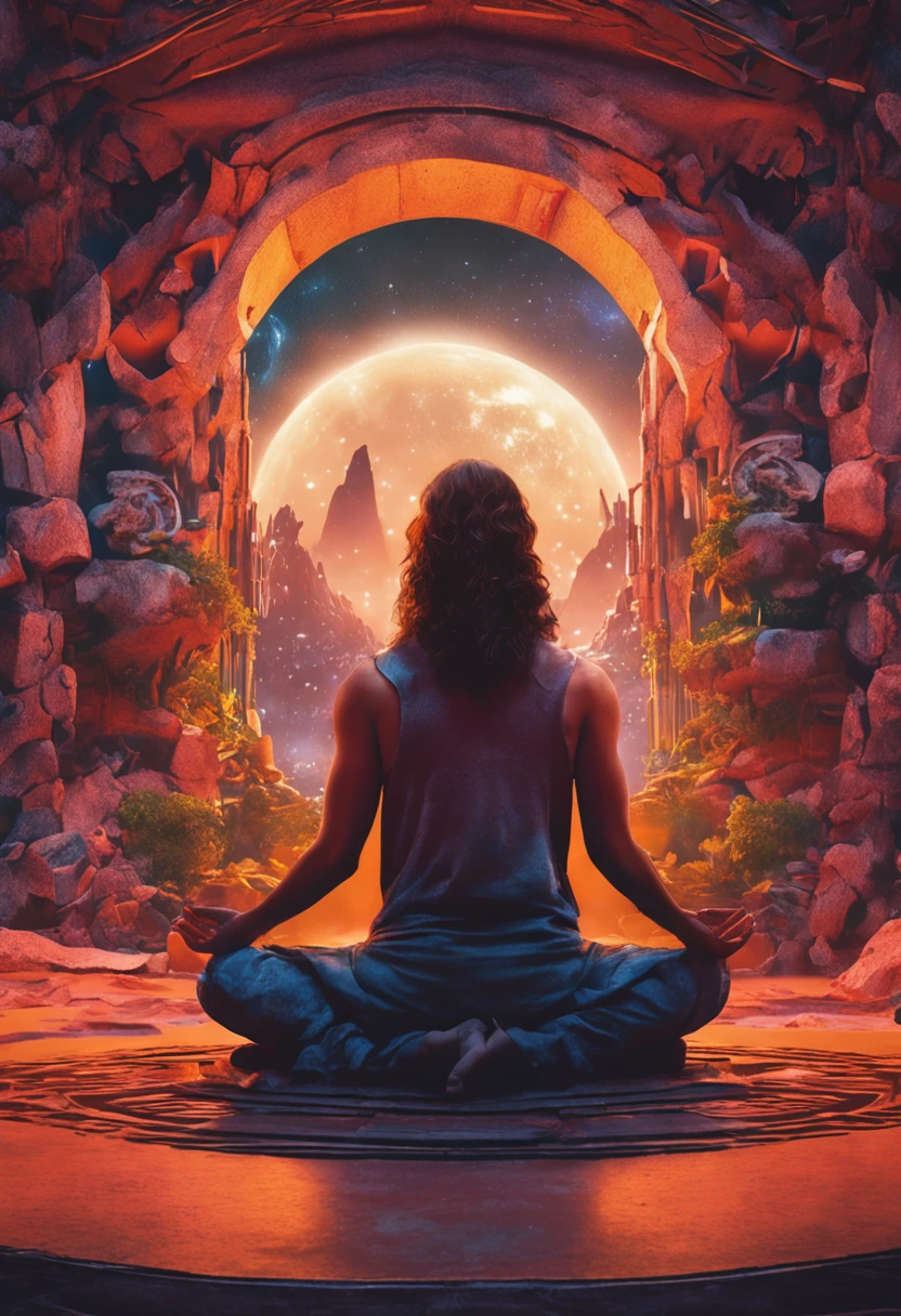 A cinematic figure in meditation, surrounded by natural elements and lighting symbols, transmitindo a ideia de profundidade, Self-conscious reflection