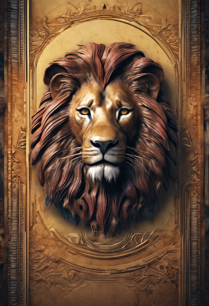 realistic lion face, with a antique compass behind