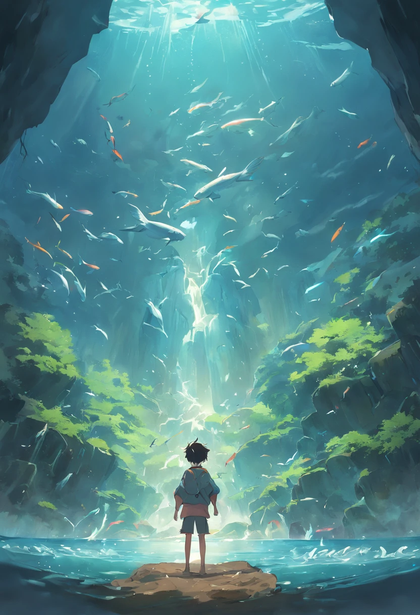 A boy with his back to an avalanche,Calmly holding a fish tank,The scene inside the fish tank is a view of mountains, rivers and seas,anime big breast