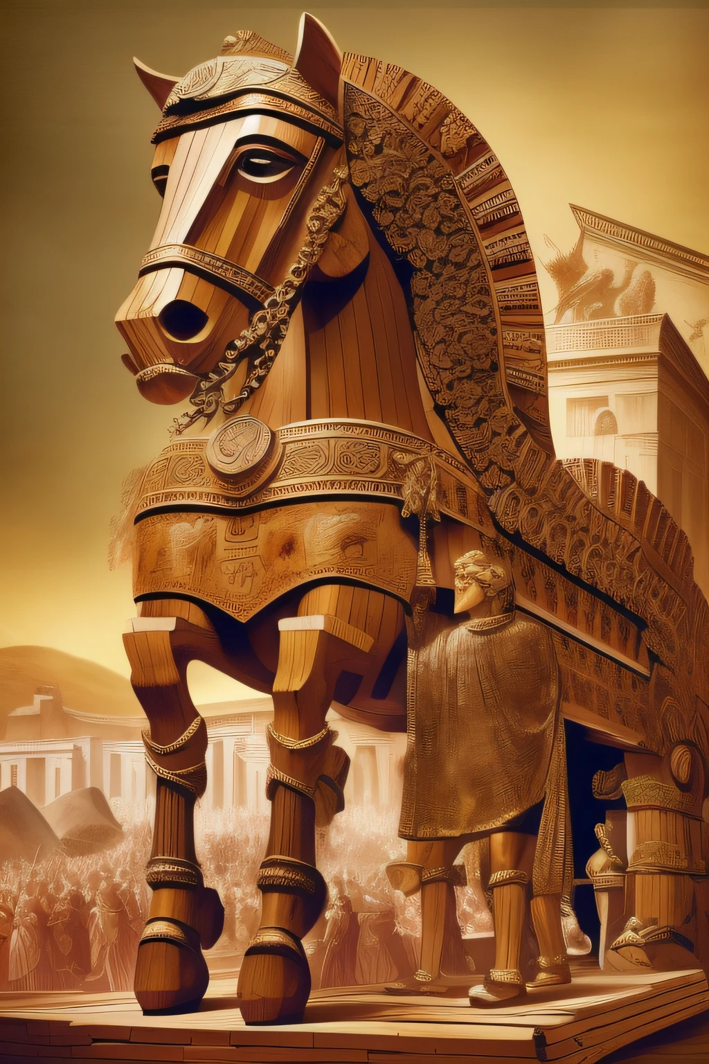 Menelaus tells the famous story of the (Trojan horse), Odysseus’s masterful gambit that allowed the Greeks to sneak into Troy and slaughter the Trojans, (giant wooden horse:1.3),