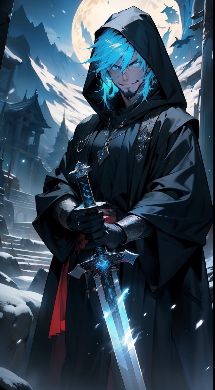 masterpiece, best quality, landscape, gorgeous, caster, perfect face,1man, mage, hood, snow, holding a sword, magic sword, jewel, glow, black coat, cold, mountain, desolate, alone, badass, misteryous, dark, stunning view, goatee, scary, dynamic pose, energetic, smile, close up
