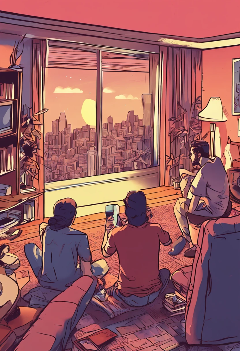 Guys sitting watching television together , realista , henkai , s e menina