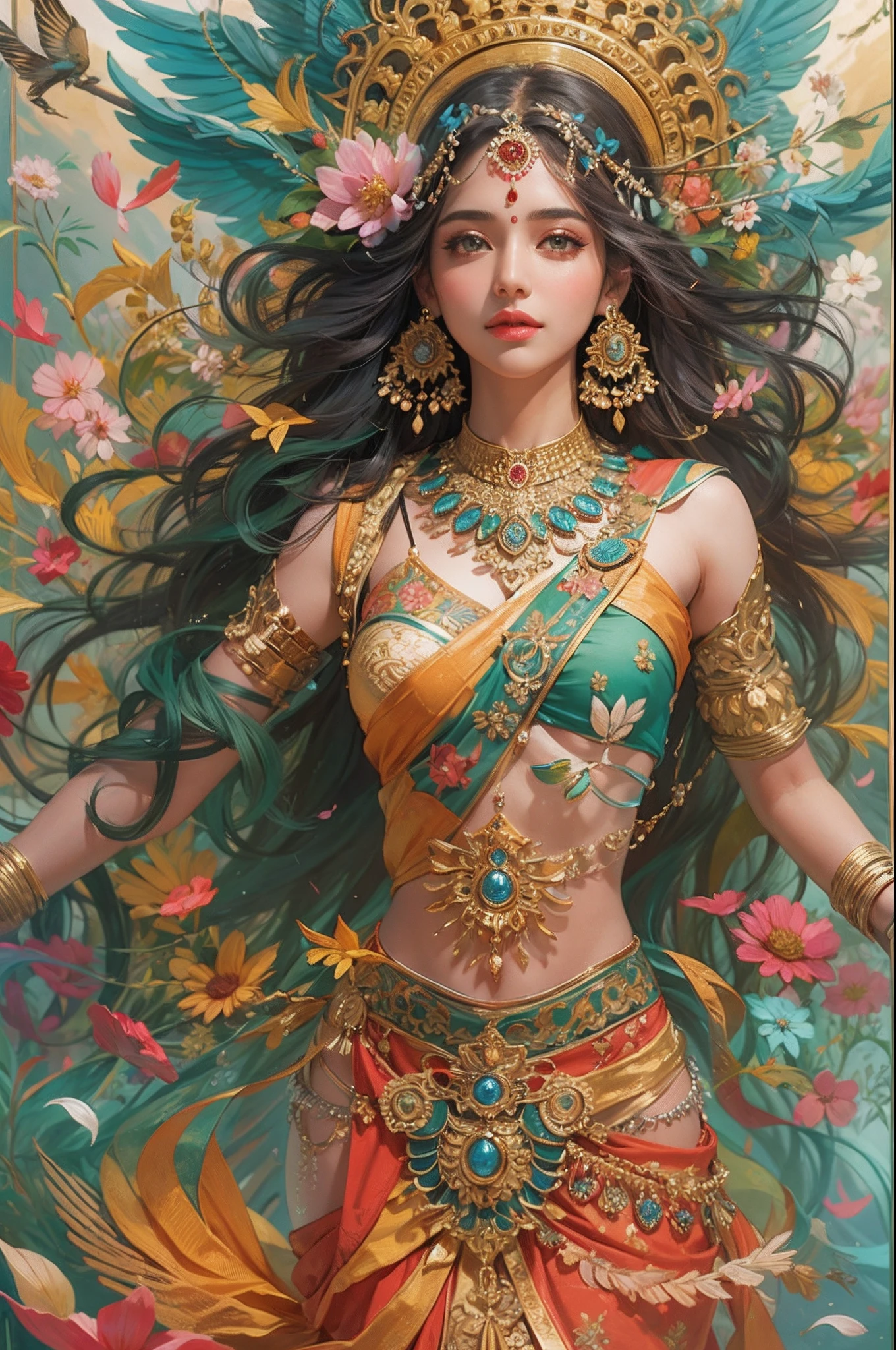 (Highly detailed), (illustration), (Intricate), (Beautiful face), (Attractive body), (Full body picture), Modern Indian goddess, Dynamic pose, flying petal, Colorful, Eye-catching, Heavenly.