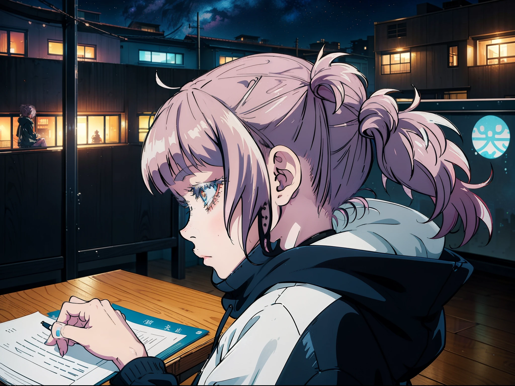 An anime girl wearing a hoodie,((1girl:1.4)), messy hair, studying in her room, sitting at her desk, looking at something, winter night, (2d illustration:1.2), Nanakusa Nazuna | Yofukashi no Uta,(1girl:1.3), ((chill vibes)), night, ((sideview:1.4))