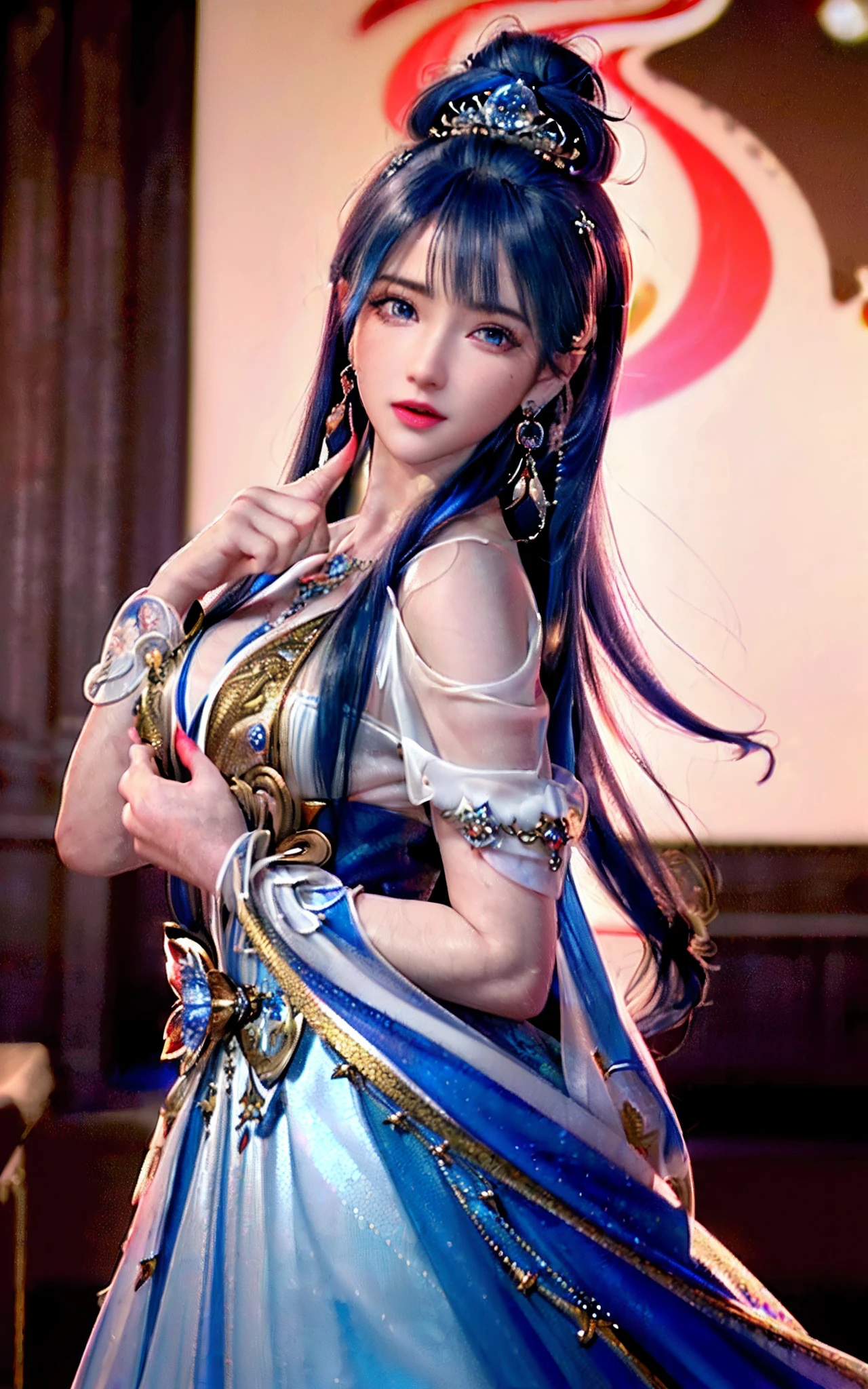 ((realisticity: 1.2)), ((realistic: 8K UHD)), ((best resolution: 8K UHD)), hyper detailed, best quality,masterpiece,highres,cg, ((1 girl hyper detailed and hyper realistic) ) , ((beautiful queen, hyper realistic and hyper detailed)),((white skin, beautiful, smooth, youthful, hyper realistic and hyper detailed )), ((Face hyper beautiful, white, hyper realistic and hyper detailed ) ), long hair, ((hyper realistic and hyper detailed dress)), solo, ((hyper realistic, hyper beautiful, beautiful and hyper detailed jewelry)), ((hyper beautiful deep red and golden yellow dress, hyper realistic and hyper detailed )) , ((Her pretty, hyper realistic, hyper detailed diamond filled earrings)), ((Her gorgeous diamond haircut, hyper realistic and hyper detailed)), ((hyper pretty upper body, hyper beautiful, hyper realistic and hyper detailed) ), ((medium breast: 1.1)), ((hyper realistic, hyper pretty, hyper detailed boobs)), ((the backgroun of the royal palace is hyper majestic, hyper realistic and hyper detailed)),((hands and palms hyper beautiful, hyper detailed, hyper realistic)), ((hyper detailed and hyper realistic fingers and fingernails)), ((hyper pretty fingernails, hyper vivid, hyper detailed, hyper realistic)), ((thumb, index finger, middle finger, ring finger, little finger hyper vivid, hyper pretty, hyper detailed, hyper realistic)), ((hyper beautiful fingers, hyper detailed, and hyper realistic)), ((posture not too fat and not too thin, hyper realistic, hyper detail)), ((hyper pretty, hyper pretty, hyper realistic and hyper detailed hair bun)), ((hyper pretty , hyper realistic and hyper detailed blue hair)), candid, Photo, high resolution, 8k , bokeh,