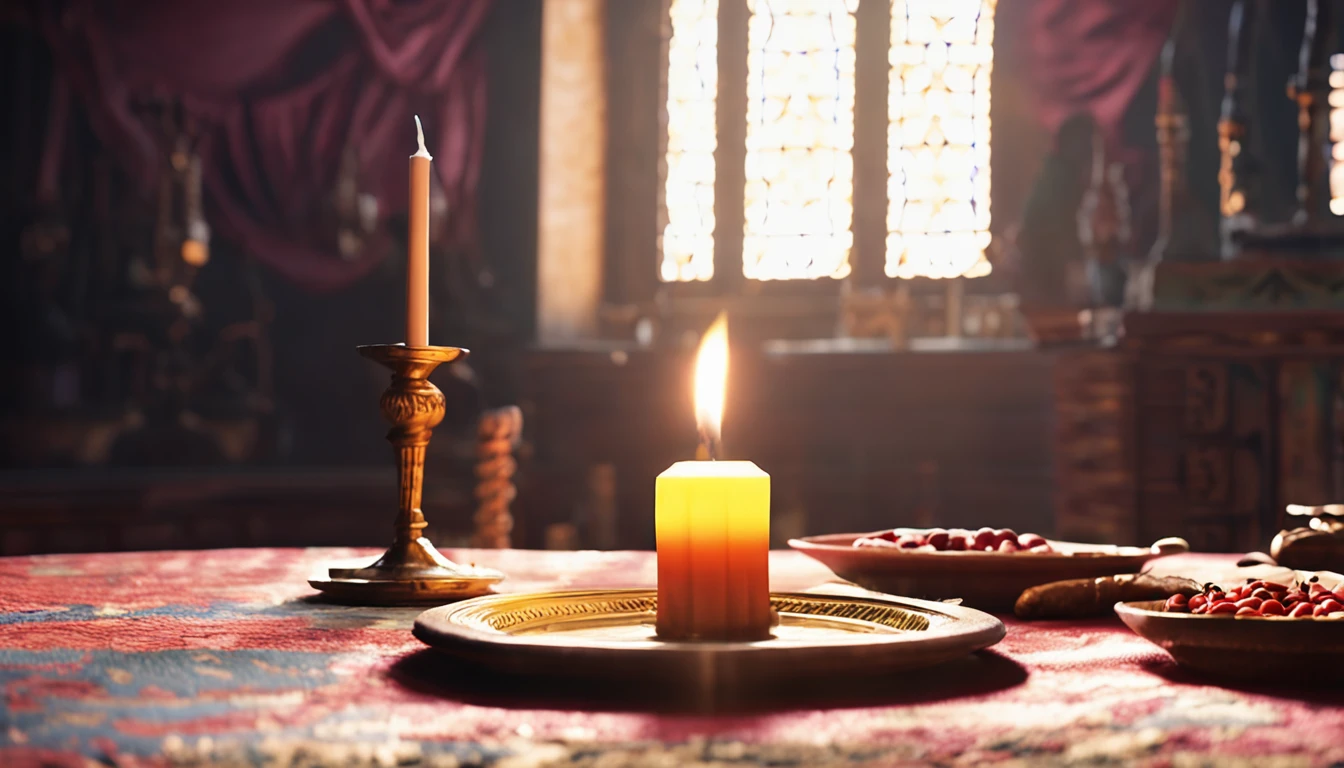 A lit candle on a table from the Abbasid era.