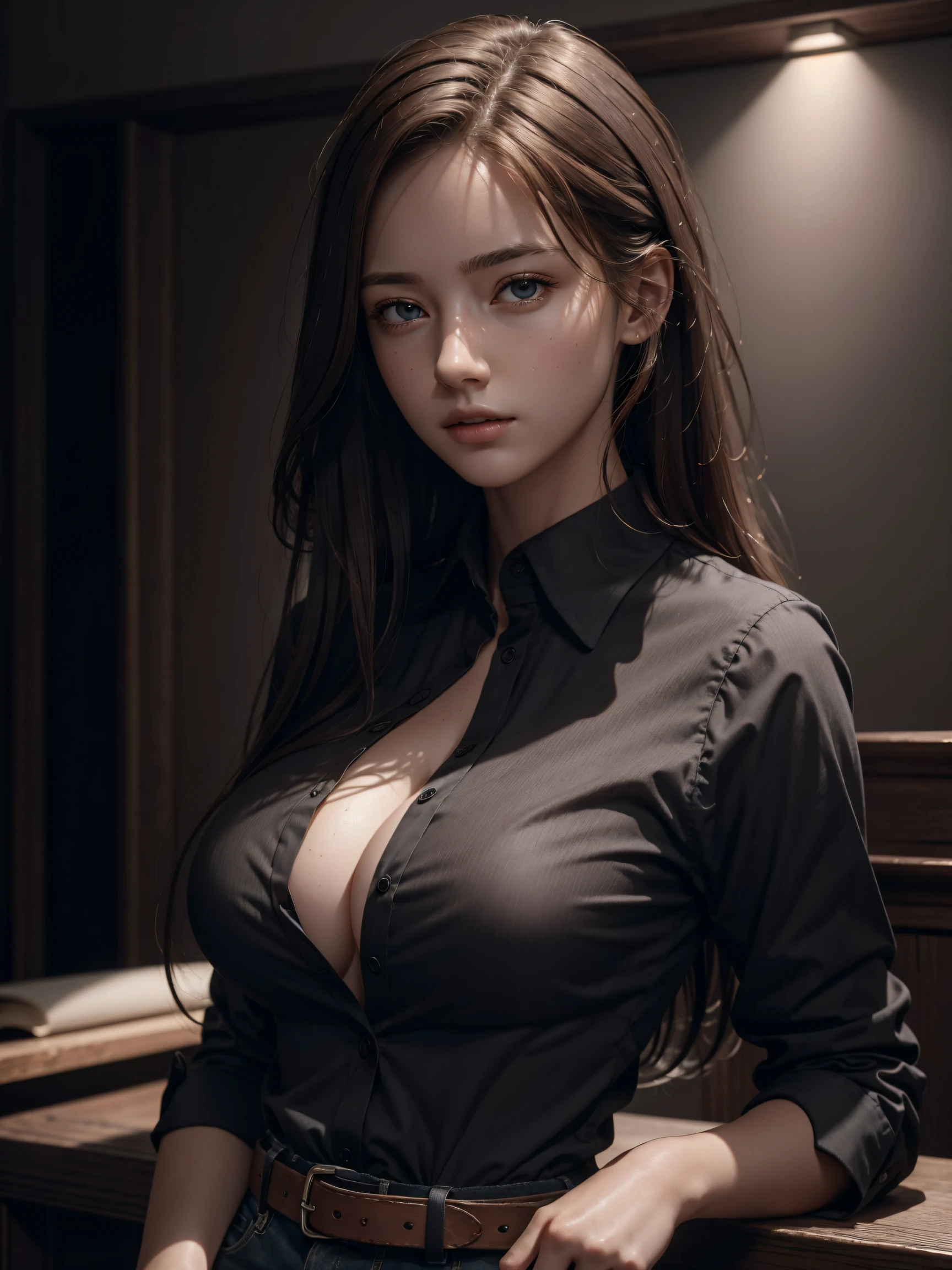 photorealistic, masterpiece, best quality, raw photo, 1girl, biggest breasts, long hair, brown hair, collared shirt, looking at viewer, dynamic lighting, in the dark, deep shadow, low key, intricate detail, detailed skin, pore, highres, hdr, 4k, realistic,1 girl,perfecteyes