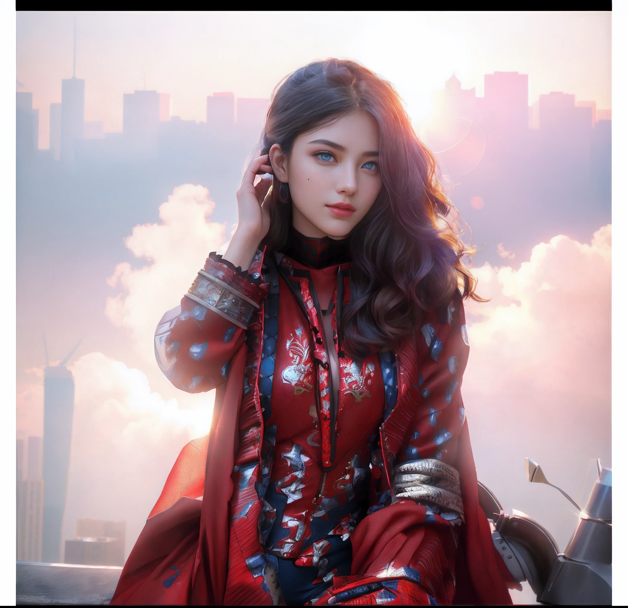 (1girl:1.3), Solo, (((Very detailed face)))), ((Very detailed eyes and face)))), Beautiful detail eyes, Body parts__, Official art, Unified 8k wallpaper, Super detailed, beautiful and beautiful, beautiful, masterpiece, best quality, original, masterpiece, super fine photo, best quality, super high resolution, realistic realism, sunlight, full body portrait, amazing beauty, dynamic pose, delicate face, vibrant eyes, (from the front), She wears Spider-Man suit, red and black color scheme, spider, very detailed city roof background, rooftop, overlooking the city, detailed face, detailed complex busy background, messy, gorgeous, milky white, highly detailed skin, realistic skin details, visible pores, clear focus, volumetric fog, 8k uhd, DSLR, high quality, film grain, fair skin, photo realism, lomography, futuristic dystopian megalopolis, translucent