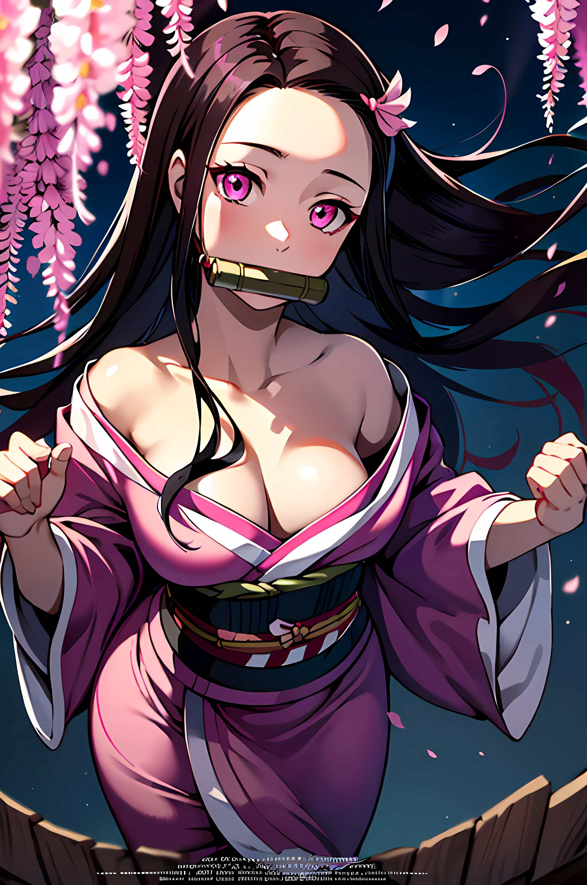 poster, movie poster, masterpiece, (pink kimono), seductive face, good lighting, décolleté, fine details, masterpiece, glowing eyes, 1girl, black hair, gag, bamboo, Nezuko Kamado, wisteria background, masterpiece, best quality, POV, whole body, wide hips,
