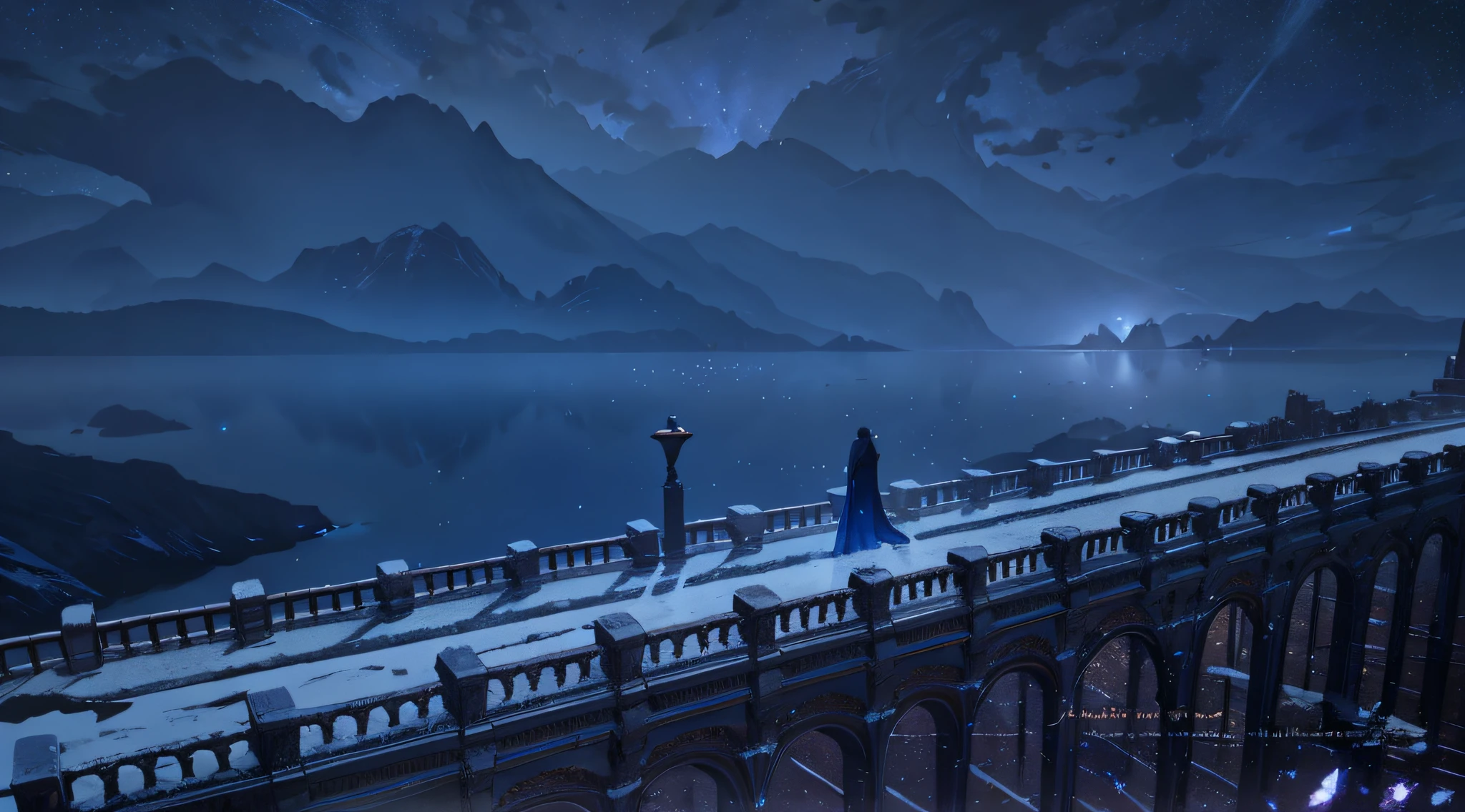 Starry Sky with Mountains and Lake, no humans, Jessica Rossier, Inspired by Jessica Rossier, Jessica Rossier Fantasy Art, Concept Art Magic Highlights, Official Artwork, Dream Painting, Ethereal Realm, Atmospheric artwork, dreamy matte paintings, serene endless stars inspired by Ted Nasmith, moonlit starry environments, epic music album covers.