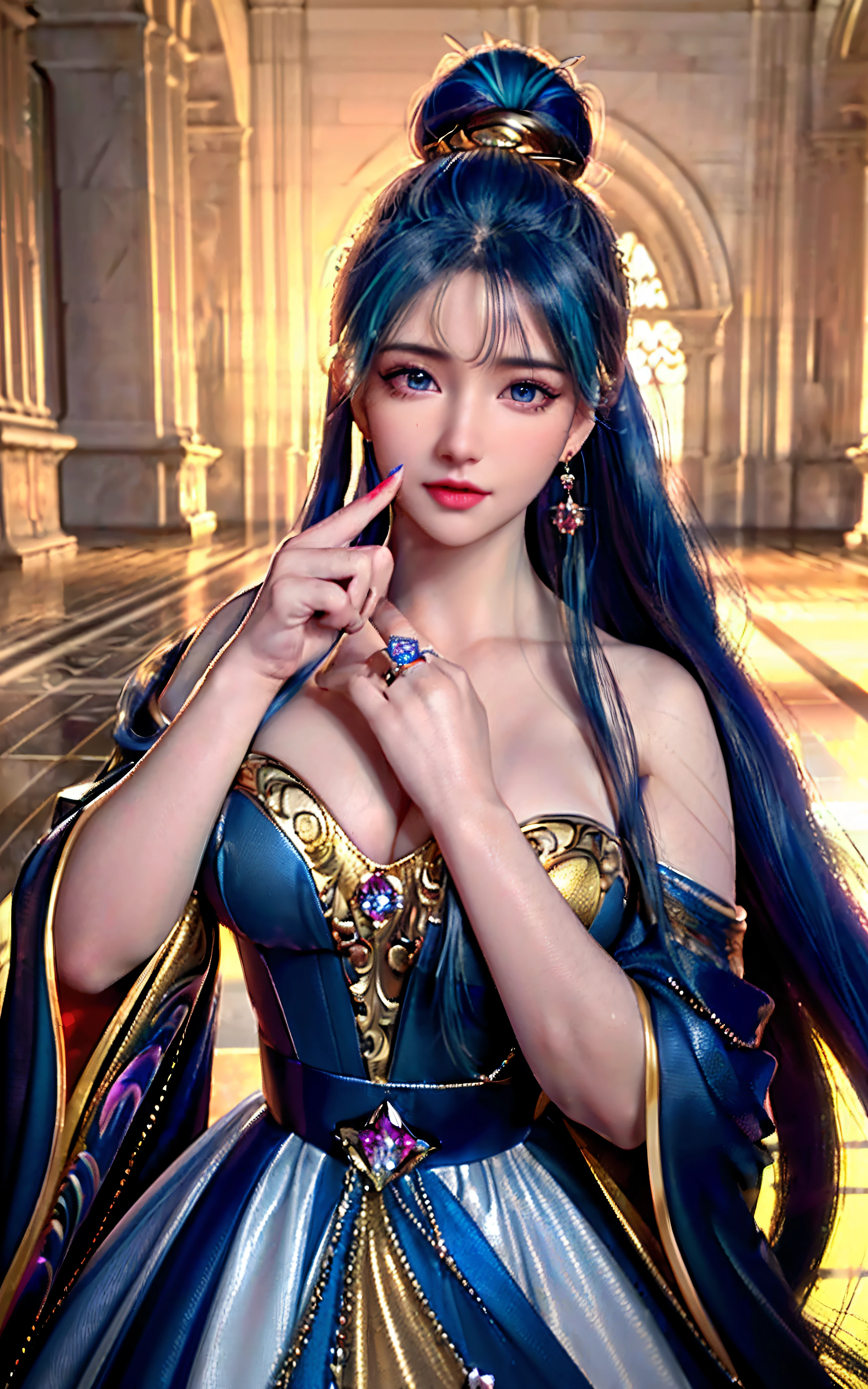 ((realisticity: 1.2)), ((realistic: 8K UHD)), ((best resolution: 8K UHD)), hyper detailed, best quality,masterpiece,highres,cg, ((1 girl hyper detailed and hyper realistic) ) , ((beautiful queen, hyper realistic and hyper detailed)),((white skin, beautiful, smooth, youthful, hyper realistic and hyper detailed )), ((Face hyper beautiful, white, hyper realistic and hyper detailed ) ), long hair, ((hyper realistic and hyper detailed dress)), solo, ((hyper realistic, hyper beautiful, beautiful and hyper detailed jewelry)), ((hyper beautiful deep red and golden yellow dress, hyper realistic and hyper detailed )) , ((Her pretty, hyper realistic, hyper detailed diamond filled earrings)), ((Her gorgeous diamond haircut, hyper realistic and hyper detailed)), ((hyper pretty upper body, hyper beautiful, hyper realistic and hyper detailed) ), ((medium breast: 1.1)), ((hyper realistic, hyper pretty, hyper detailed boobs)), ((the backgroun of the royal palace is hyper majestic, hyper realistic and hyper detailed)),((hands and palms hyper beautiful, hyper detailed, hyper realistic)), ((hyper detailed and hyper realistic fingers and fingernails)), ((hyper pretty fingernails, hyper vivid, hyper detailed, hyper realistic)), ((thumb, index finger, middle finger, ring finger, little finger hyper vivid, hyper pretty, hyper detailed, hyper realistic)), ((hyper beautiful fingers, hyper detailed, and hyper realistic)), ((posture not too fat and not too thin, hyper realistic, hyper detail)), ((hyper pretty, hyper pretty, hyper realistic and hyper detailed hair bun)), ((hyper pretty , hyper realistic and hyper detailed blue hair)), candid, Photo, high resolution, 8k , bokeh,