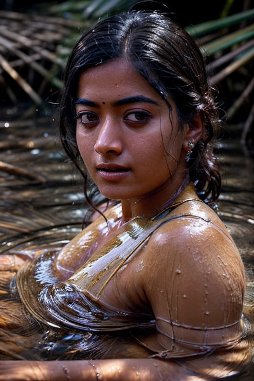 Close up portrait of a cute woman (Rashmika) bathing naked in a crystal clear river, reeds, (backlighting), realistic, masterpiece, highest quality, lens flare, shade, bloom, [[chromatic aberration]], by Jeremy Lipking, by Antonio J. Manzanedo, digital painting,