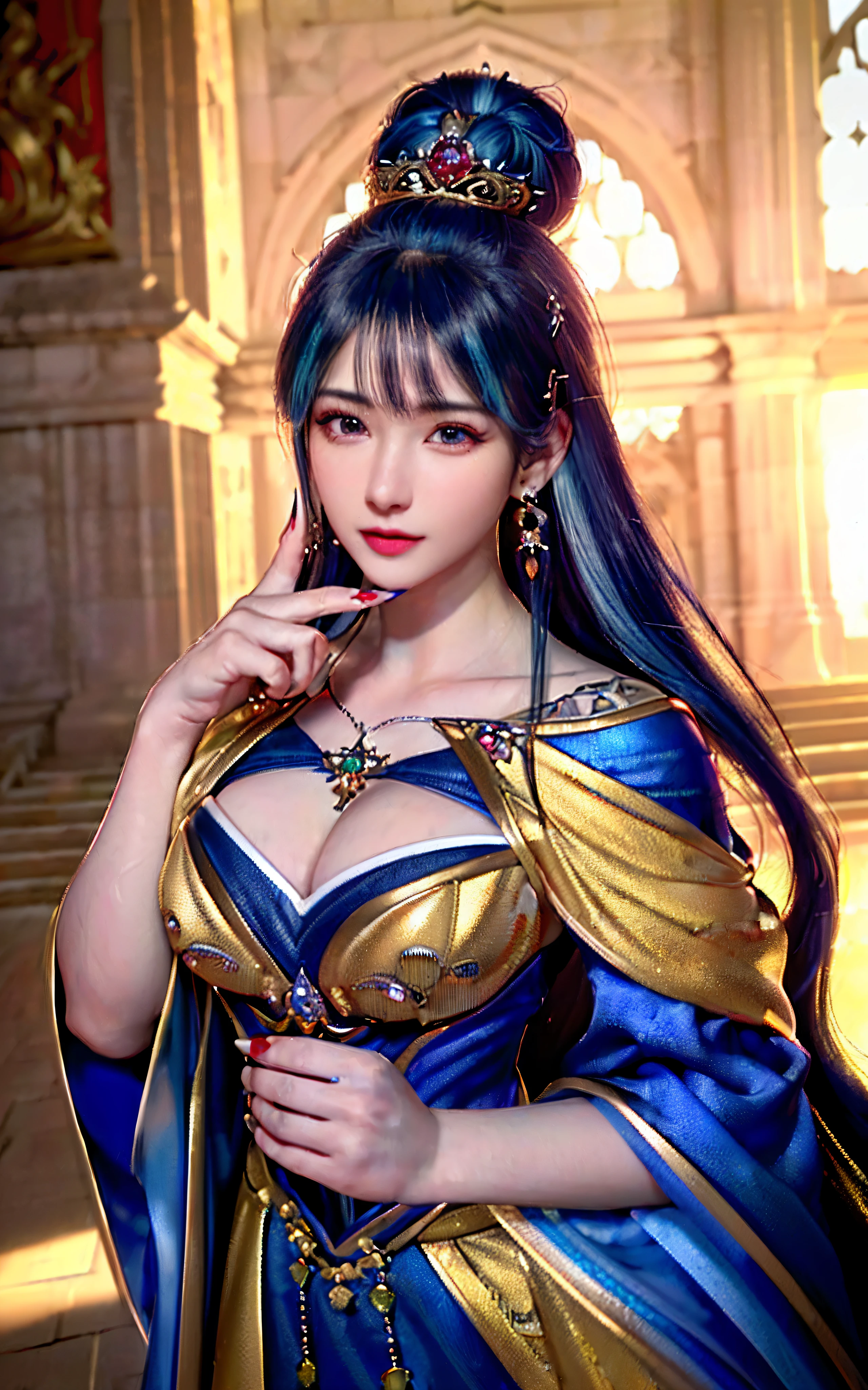 ((realisticity: 1.2)), ((realistic: 8K UHD)), ((best resolution: 8K UHD)), hyper detailed, best quality,masterpiece,highres,cg, ((1 girl hyper detailed and hyper realistic) ) , ((beautiful queen, hyper realistic and hyper detailed)),((white skin, beautiful, smooth, youthful, hyper realistic and hyper detailed )), ((Face hyper beautiful, white, hyper realistic and hyper detailed ) ), long hair, ((hyper realistic and hyper detailed dress)), solo, ((hyper realistic, hyper beautiful, beautiful and hyper detailed jewelry)), ((hyper beautiful deep red and golden yellow dress, hyper realistic and hyper detailed )) , ((Her pretty, hyper realistic, hyper detailed diamond filled earrings)), ((Her gorgeous diamond haircut, hyper realistic and hyper detailed)), ((hyper pretty upper body, hyper beautiful, hyper realistic and hyper detailed) ), ((medium breast: 1.1)), ((hyper realistic, hyper pretty, hyper detailed boobs)), ((the backgroun of the royal palace is hyper majestic, hyper realistic and hyper detailed)),((hands and palms hyper beautiful, hyper detailed, hyper realistic)), ((hyper detailed and hyper realistic fingers and fingernails)), ((hyper pretty fingernails, hyper vivid, hyper detailed, hyper realistic)), ((thumb, index finger, middle finger, ring finger, little finger hyper vivid, hyper pretty, hyper detailed, hyper realistic)), ((hyper beautiful fingers, hyper detailed, and hyper realistic)), ((posture not too fat and not too thin, hyper realistic, hyper detail)), ((hyper pretty, hyper pretty, hyper realistic and hyper detailed hair bun)), ((hyper pretty , hyper realistic and hyper detailed blue hair)), candid, Photo, high resolution, 8k , bokeh,