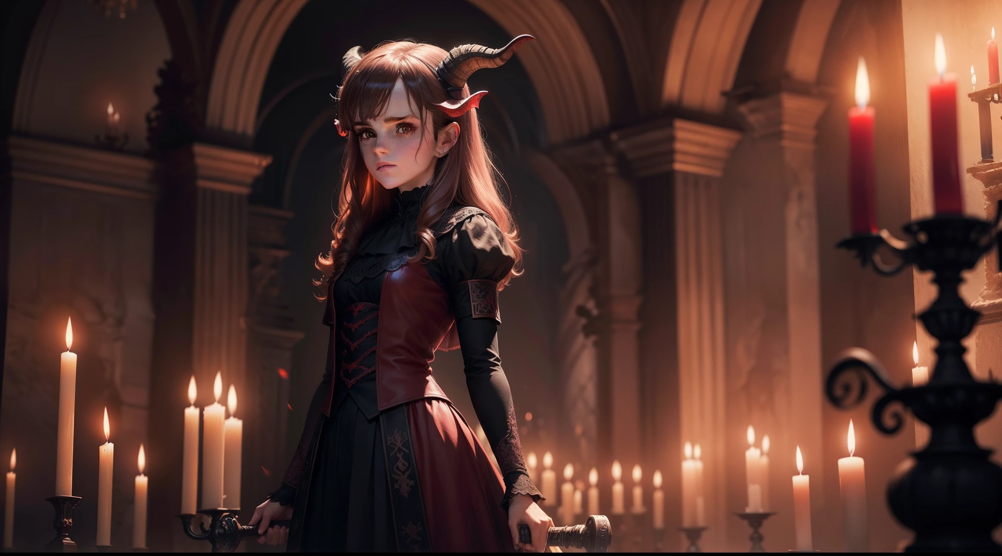 teen Emma Watson as a demon, dark red glowing eyes, high definition, detailed, intricate, goat horns, holding a sword, standing in front of a dark alter with flames all around. candles everywhere