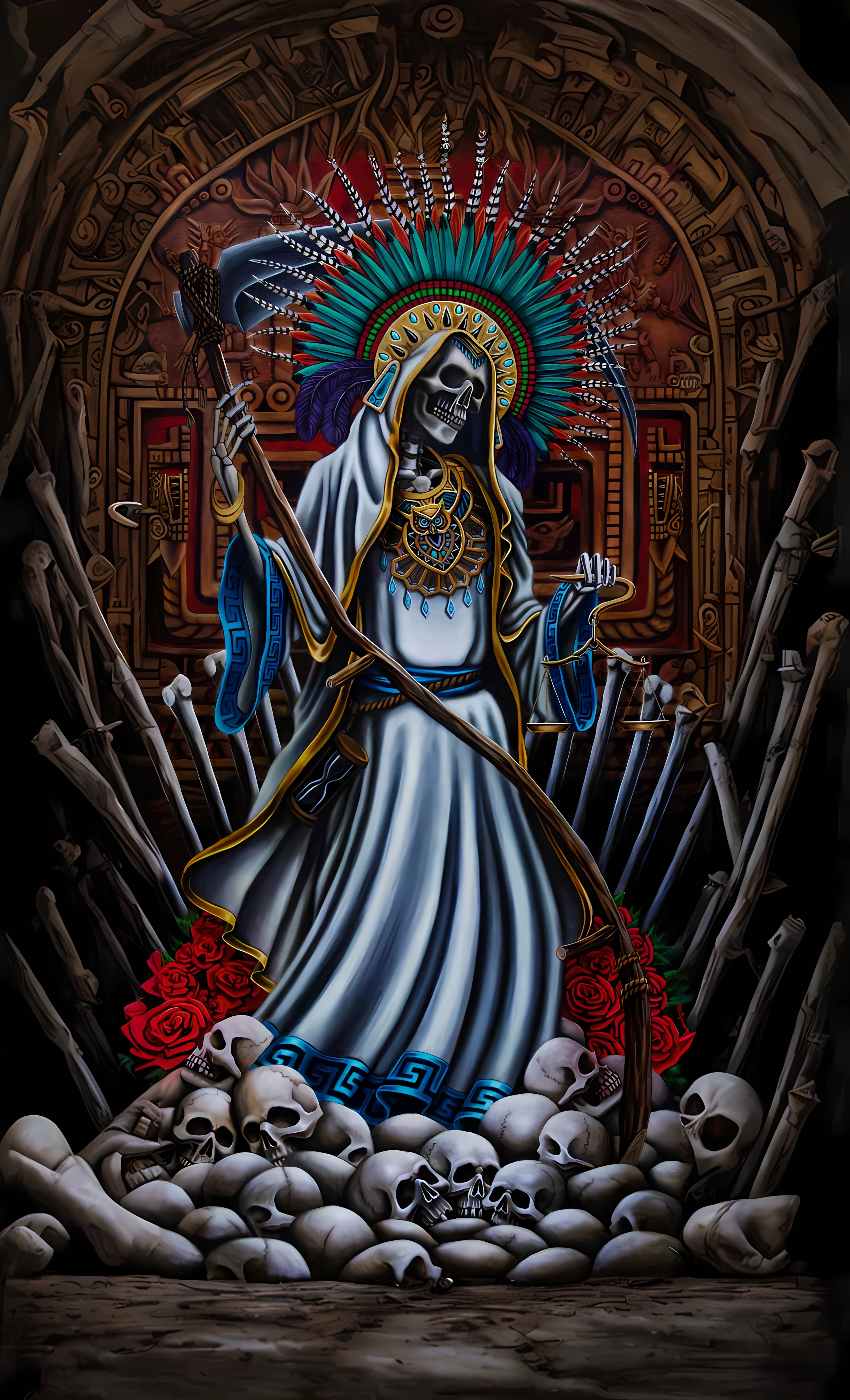 pintura de uma mulher com uma foice e uma caveira, Retrato do Deus da Morte, Saint Skeleton Rainha, Deusa da morte, Chris Dyer, Retrato de um Deus da Morte, Rainha dos Mortos, Deus da morte, Rainha da Morte, Deus masculino bonito da morte, Directed by: Dave Arredondo, Tarot carta deusa da morte
