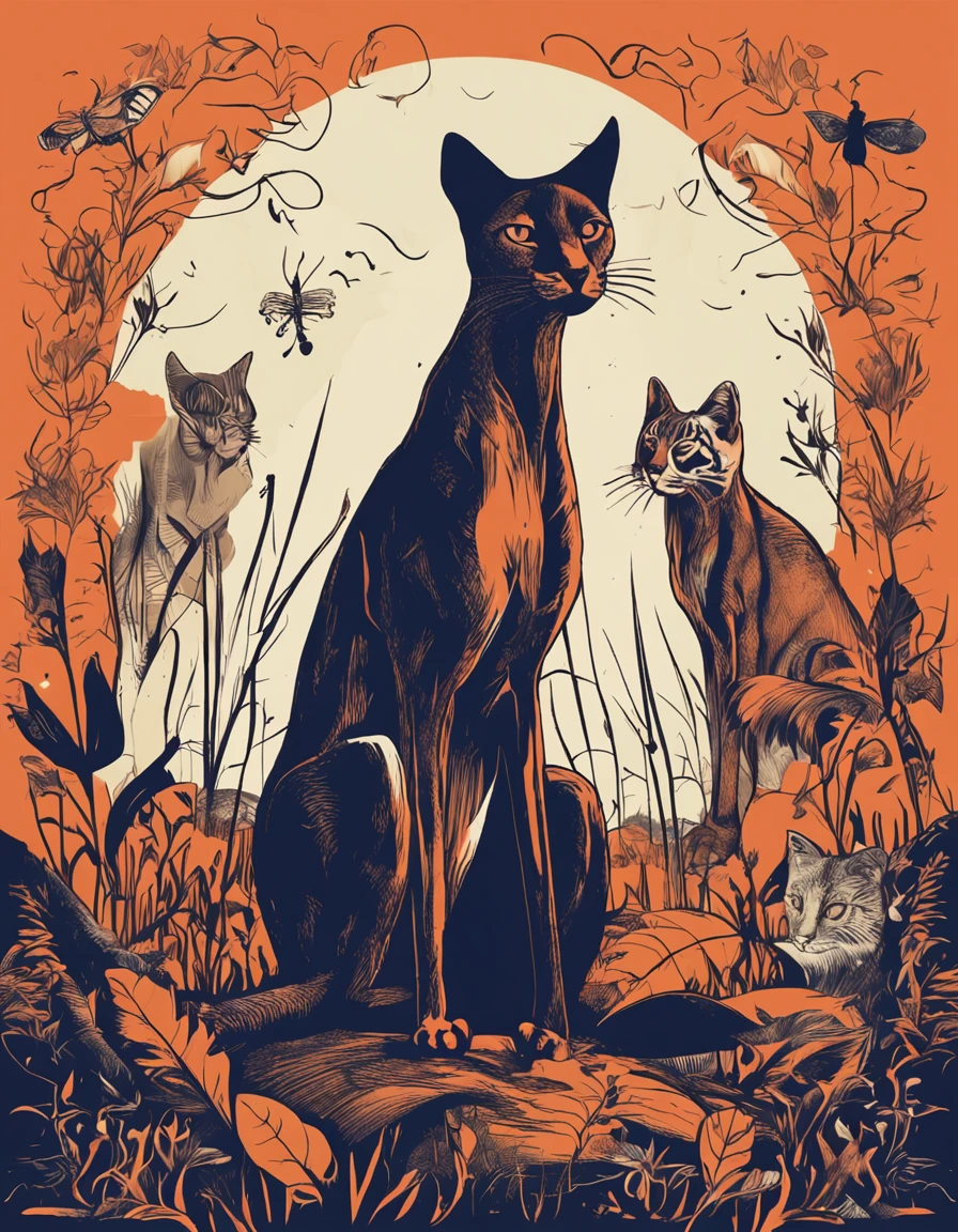 Design poster of various animal silhouettes combined into silhouettes of a cat