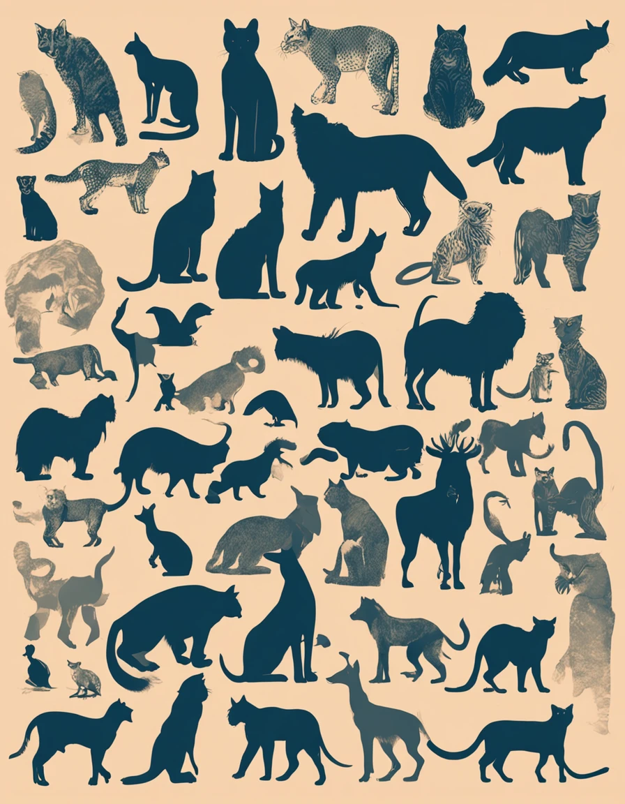 Design poster of various animal silhouettes combined into silhouettes of a cat