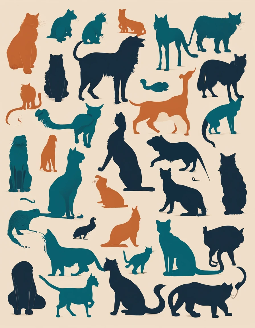 Design poster of various animal silhouettes combined into silhouettes of a cat