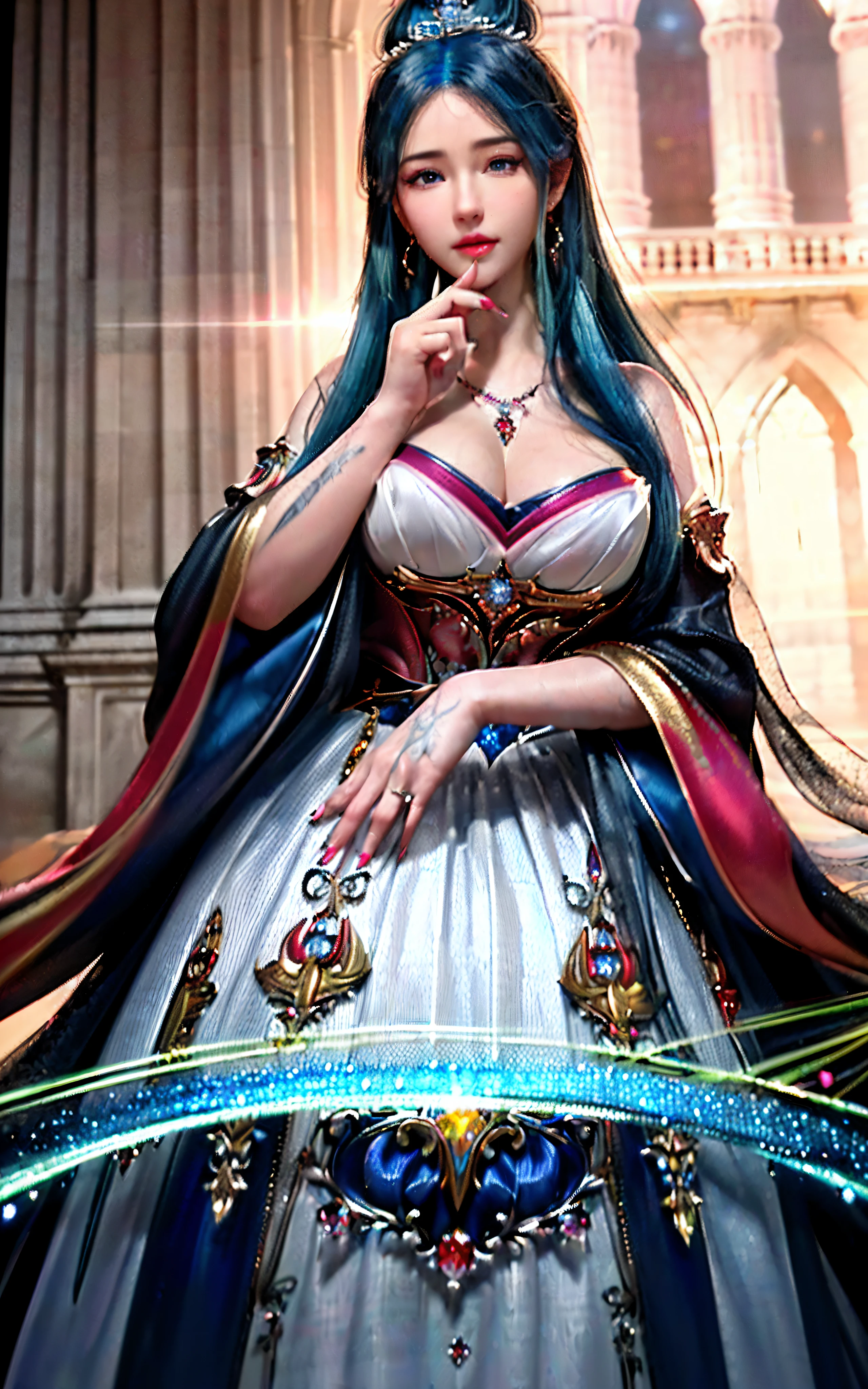 ((realisticity: 1.2)), ((realistic: 8K UHD)), ((best resolution: 8K UHD)), hyper detailed, best quality,masterpiece,highres,cg, ((1 girl hyper detailed and hyper realistic) ) , ((beautiful queen, hyper realistic and hyper detailed)),((white skin, beautiful, smooth, youthful, hyper realistic and hyper detailed )), ((Face hyper beautiful, white, hyper realistic and hyper detailed ) ), long hair, ((hyper realistic and hyper detailed dress)), solo, ((hyper realistic, hyper beautiful, beautiful and hyper detailed jewelry)), ((hyper beautiful deep red and golden yellow dress, hyper realistic and hyper detailed )) , ((Her pretty, hyper realistic, hyper detailed diamond filled earrings)), ((Her gorgeous diamond haircut, hyper realistic and hyper detailed)), ((hyper pretty upper body, hyper beautiful, hyper realistic and hyper detailed) ), ((medium breast: 1.1)), ((hyper realistic, hyper pretty, hyper detailed boobs)), ((the backgroun of the royal palace is hyper majestic, hyper realistic and hyper detailed)),((hands and palms hyper beautiful, hyper detailed, hyper realistic)), ((hyper detailed and hyper realistic fingers and fingernails)), ((hyper pretty fingernails, hyper vivid, hyper detailed, hyper realistic)), ((thumb, index finger, middle finger, ring finger, little finger hyper vivid, hyper pretty, hyper detailed, hyper realistic)), ((hyper beautiful fingers, hyper detailed, and hyper realistic)), ((posture not too fat and not too thin, hyper realistic, hyper detail)), ((hyper pretty, hyper pretty, hyper realistic and hyper detailed hair bun)), ((hyper pretty , hyper realistic and hyper detailed blue hair)), candid, Photo, high resolution, 8k , bokeh,