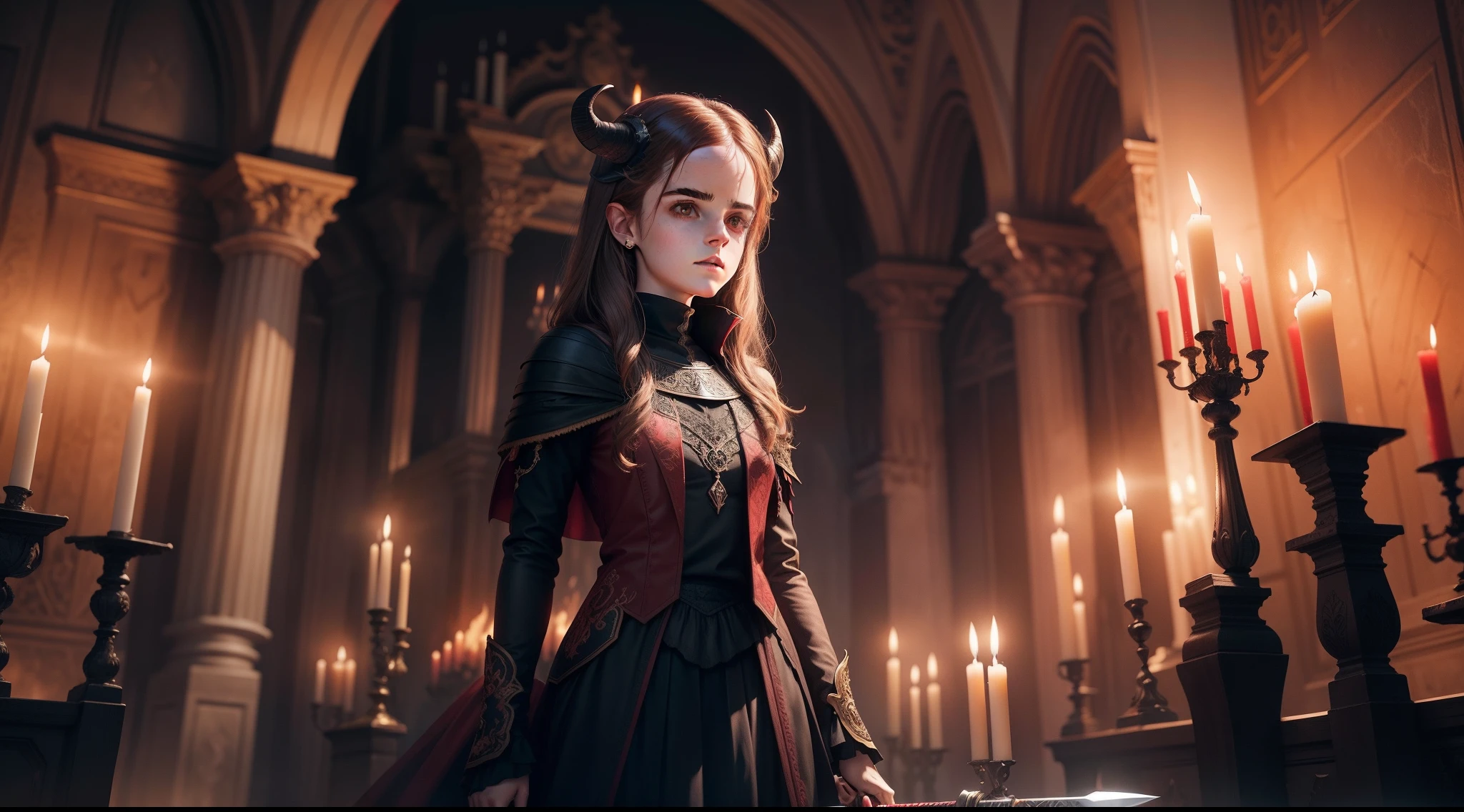 teen Emma Watson as a demon, dark red glowing eyes, high definition, detailed, intricate, goat horns, holding a sword, standing in front of a dark alter with flames all around. candles everywhere