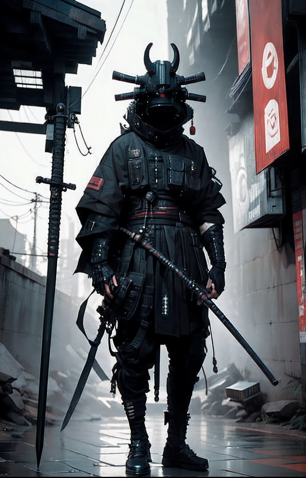 Best quality, stunning full body portrait of a young Japanese geisha assassin, dressed in cyberpunk techwear, an urban samurai aesthetic, a photorealistic masterpiece, carefully lit with a soft box, {{{holding two katana swords}}}, Beautiful Body art (yakuza irezumi), perfect face, perfect eyes, perfect body, shot against a dark post apocalyptic background by Eikoh Hosoe, creatively directed by visionary designer Yohji Yamamoto, Rei Kawakubo and Tom ford, highly intricate detail, creative lighting, hairlighting, edge lighting, masterful composition, cgisociety, perfect framing, artistically authentic. Utilize lighting and composition techniques to evoke a sense of mystery and otherworldly allure, exquisite detail, Japanese dark and red palette, 4k,