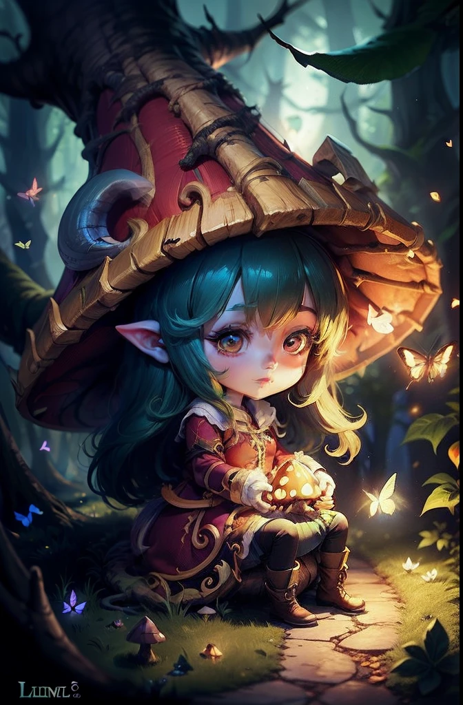 Lulu /(league of legends), cute girl, siting in a mushroom, butterflies, shine in dark forest