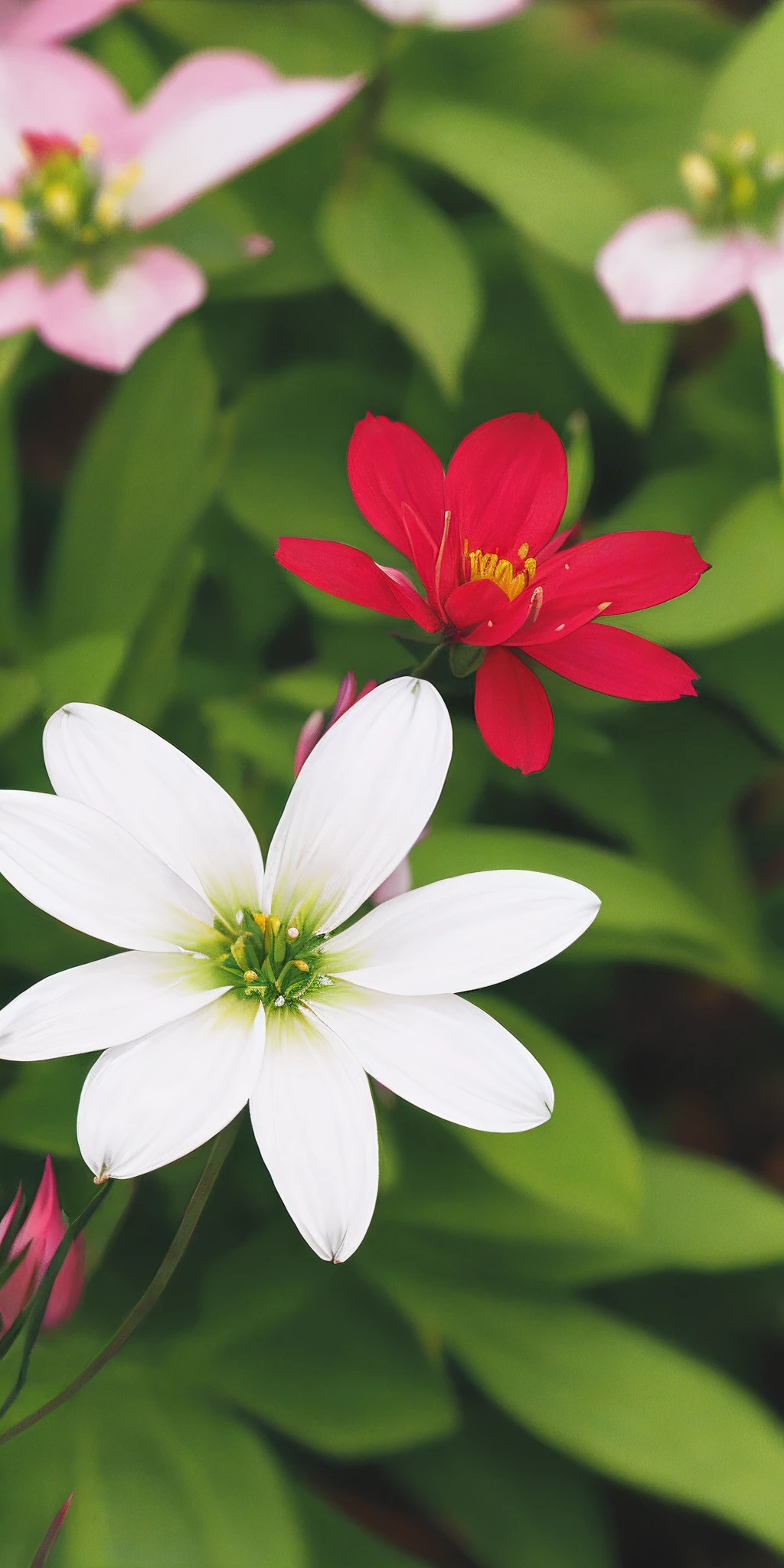 a white flower with a red center in a garden setting with green leaves and a blurry background of foliage, Ammi Phillips, flowers