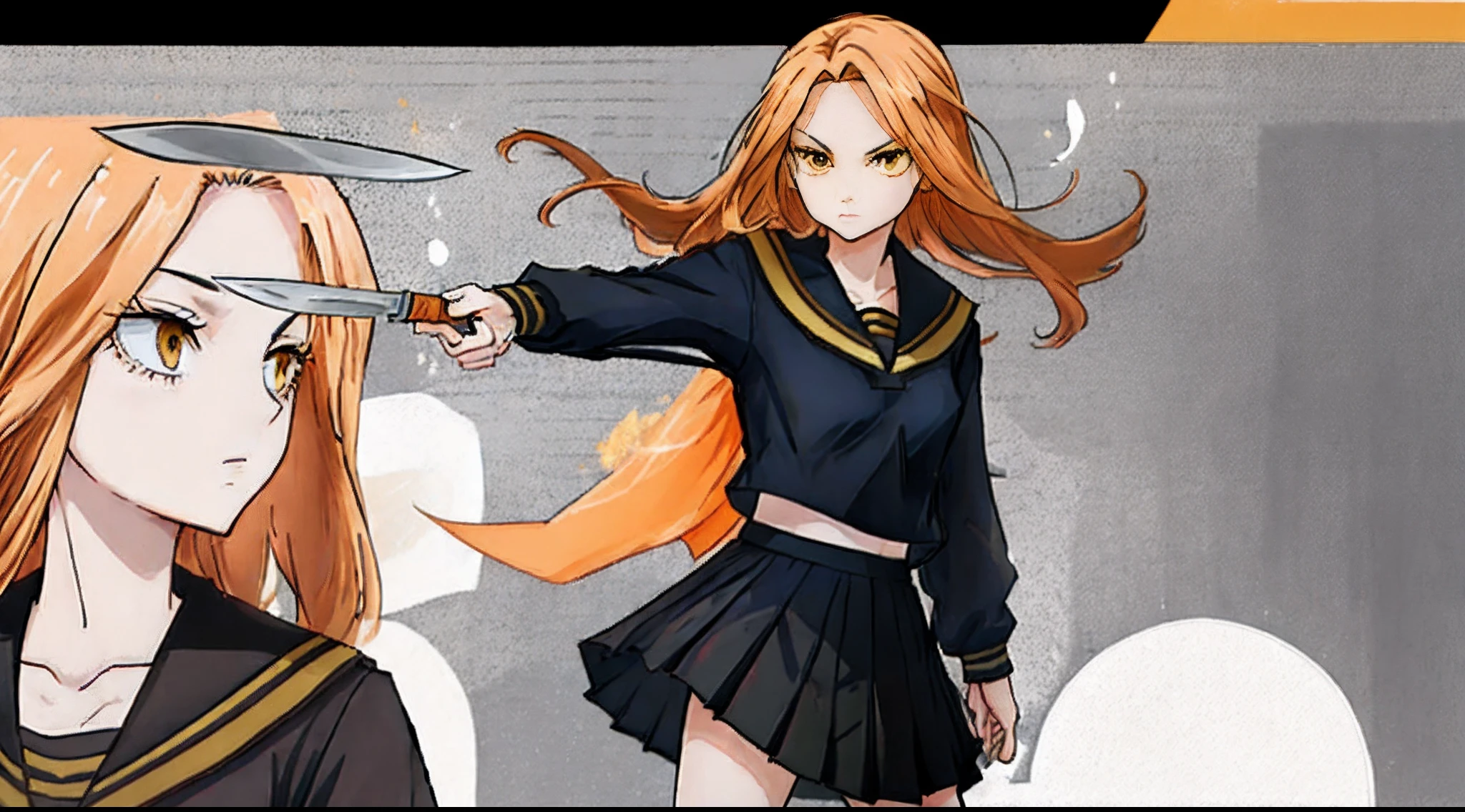 Yuzuha Shiba, yellow-orange eyes, medium-length ginger hair, and narrowly shaped eyebrows. Tokyo Revengers, anime screencap, an anime style girl is holding a knife by her side with another animated character in front of her, knife, holding knife,school uniform, ginger hair, skirt, holding