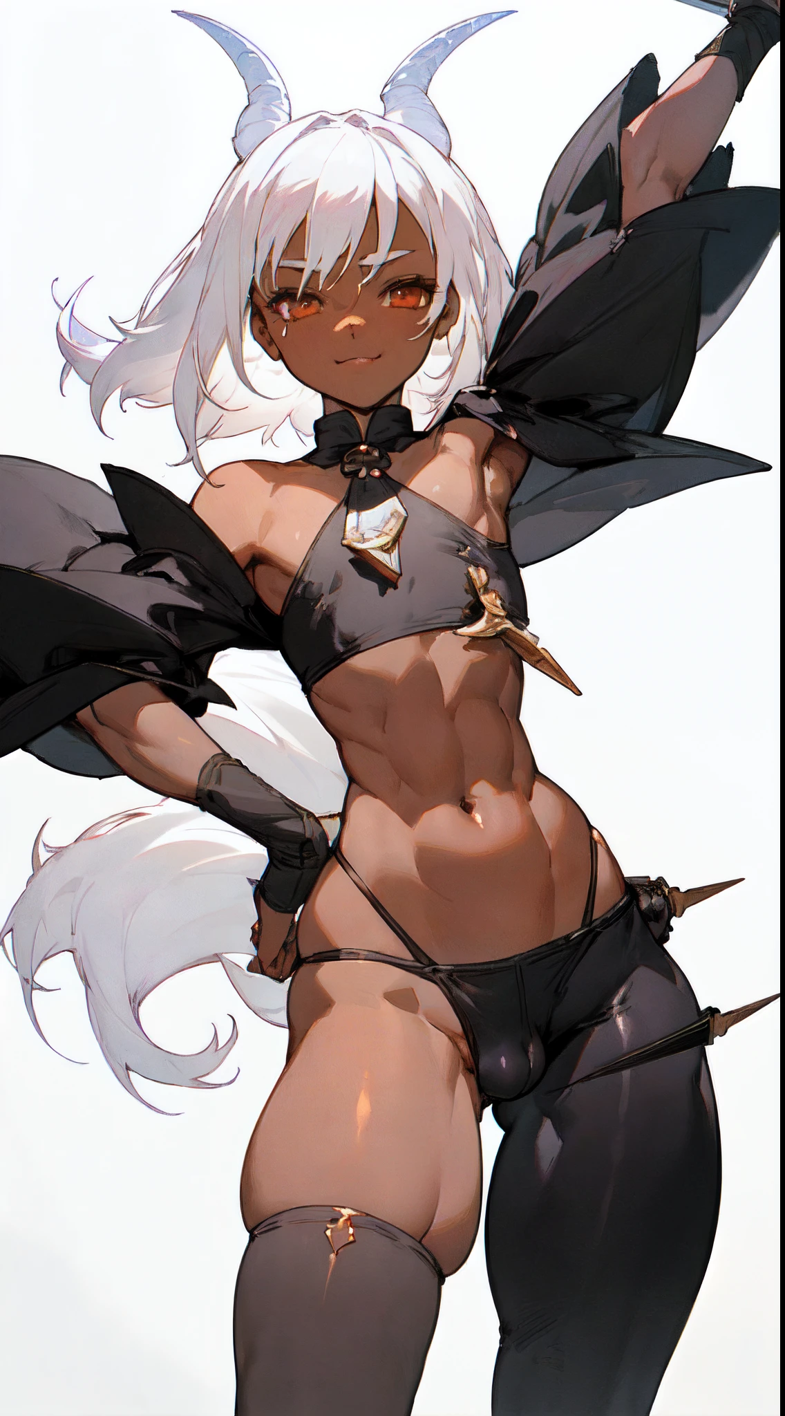 (masterpiece) fantasy tavern background, 1girl, (dark skin) trap, illustration, wallpaper (flat chest:1.2) (large ass:1.3) (short person:1.2) (daggers sheathed around hips:1.3)  (large crotch bulge:1.35) (shoulder-length white hair:1.5), dark goat horns, goat ears (loli:1.3) highly detailed, 4k, 8k, ultra-detailed face, best quality face, friendly smile, croptop, exposed stomach, thigh-highs, thong, adventurer