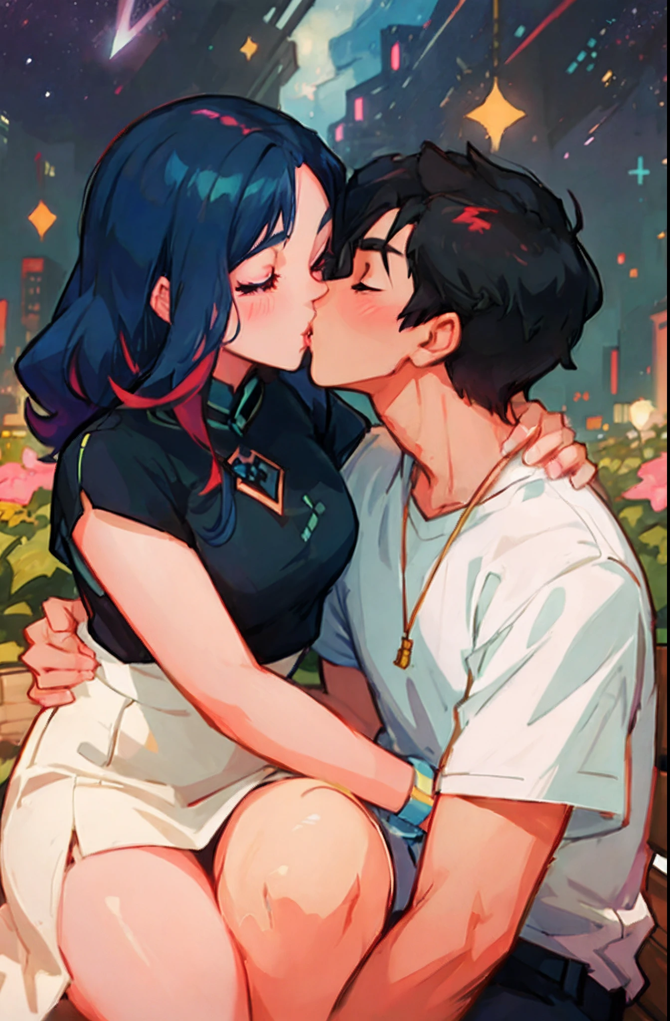 anime couple kissing on bench with cityscape in background, lois van baarle and rossdraws, ross tran and ilya kuvshinov, loish and ross tran, :: rossdraws, kiss, loish art style, kissing, kissing together cutely, jazza and rossdraws, artwork in the style of guweiz, nick silva and ilya kuvshinov